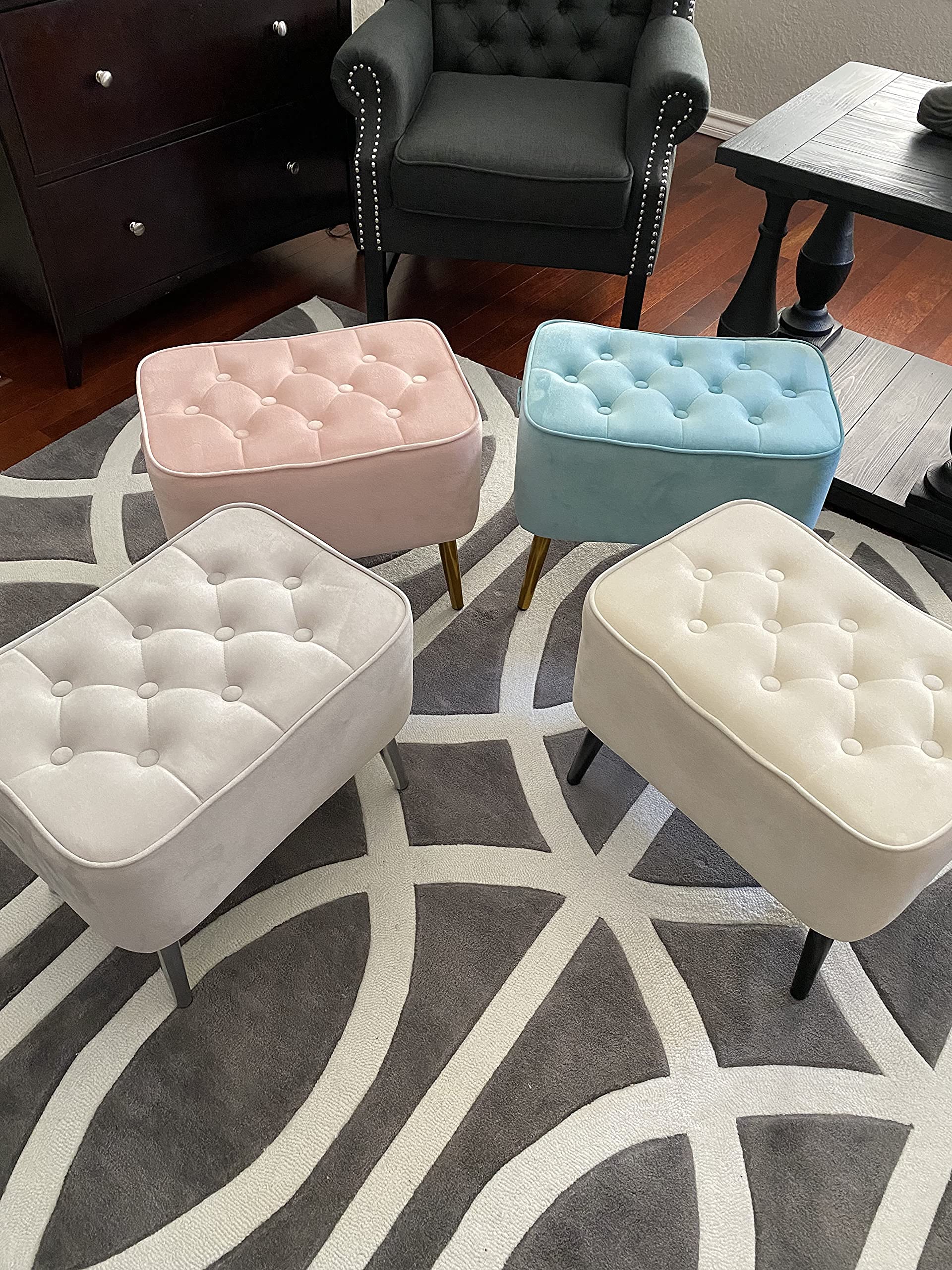Soljer Tufted Curved Velvet Ottoman Foot Stool - Beige Tan Cream Vanity Chair | Perfect for Living Room, Bedroom & Dressing Area | Comfortable Seating & Stylish Home Decor
