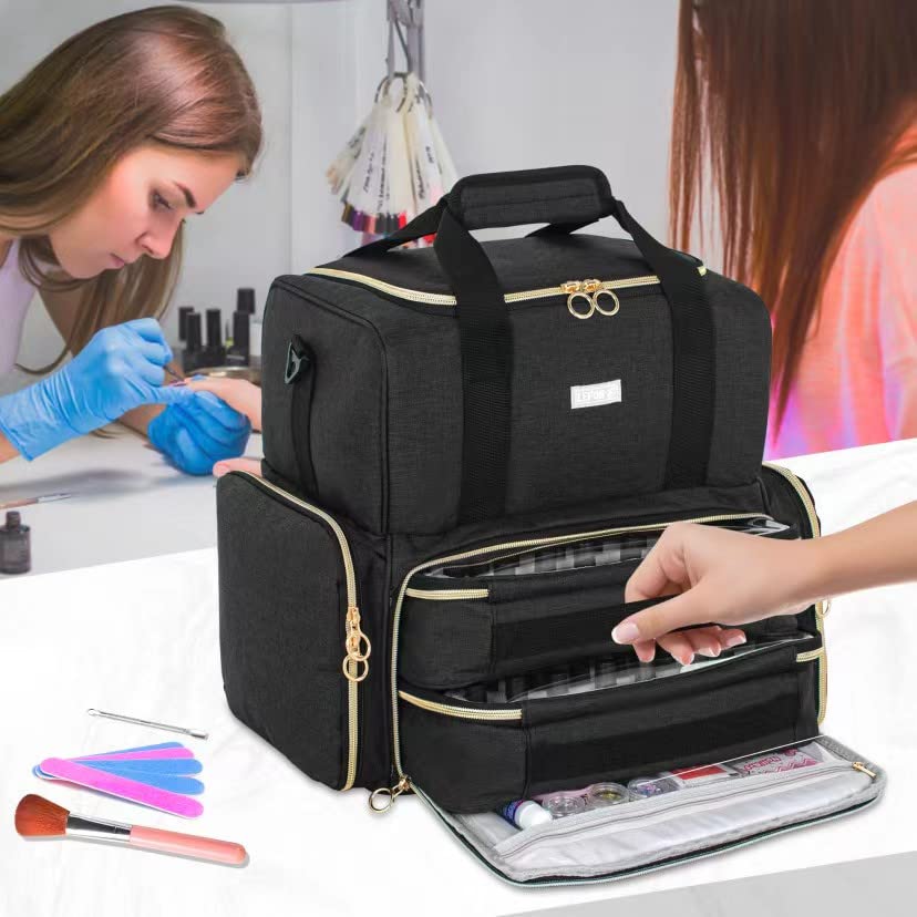 Professional 80-Bottle Nail Polish Organizer with Nail Lamp Holder & 2 Removable Bags - Portable Nail Technician Storage Case for Salon Supplies (Black) | Perfect for Mobile Nail Artists & At-Home Manicures