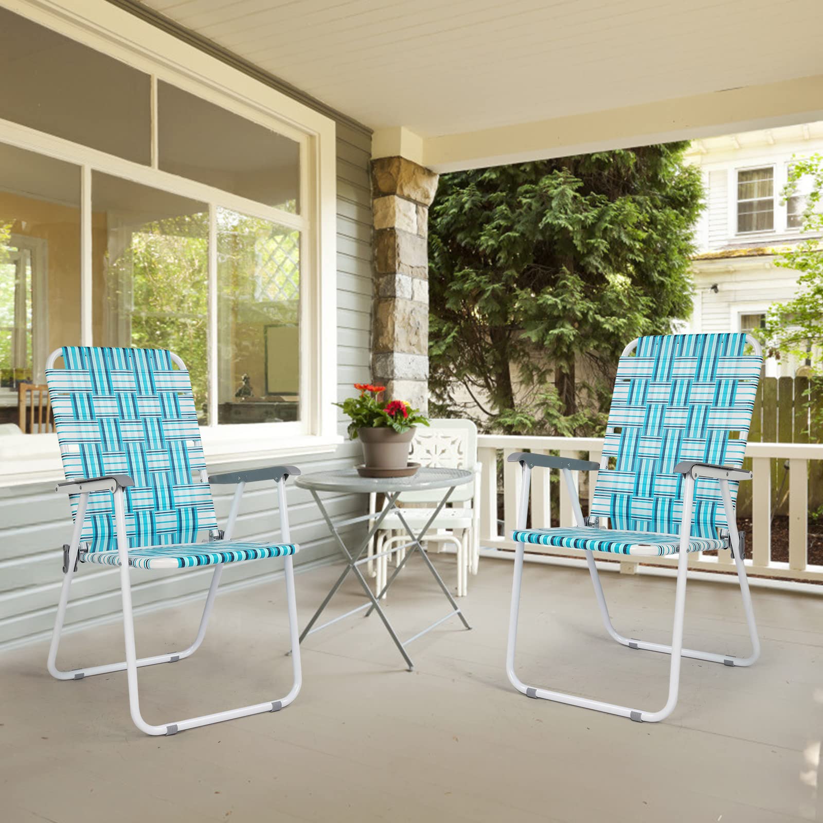 VINGLI 4-Pack Webbed Folding Chairs for Patio, Lawn, Beach & Outdoor Dining - Portable Garden Chairs for Yard, Camping & Picnics (White & Blue, Classic Design)