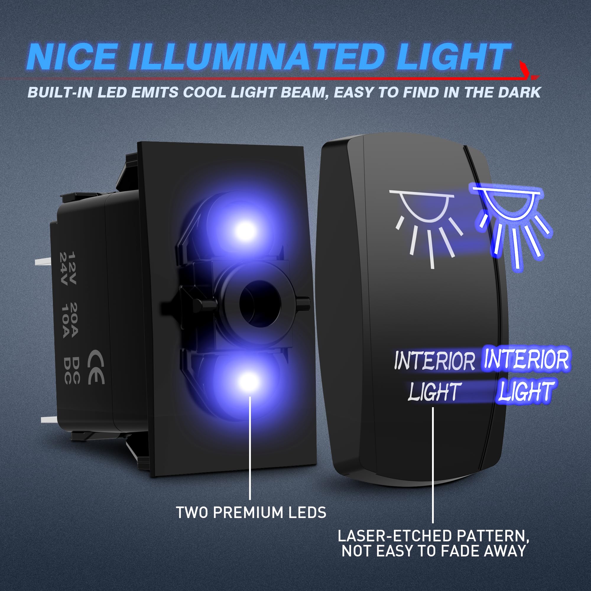 MICTUNING LS083101JL 12V 20A Blue LED Laser Backlit Rocker Switch Kit - On/Off Control for Vehicle, Boat & Marine Interior Lights | Perfect for Car, Truck, RV and Marine Lighting Systems