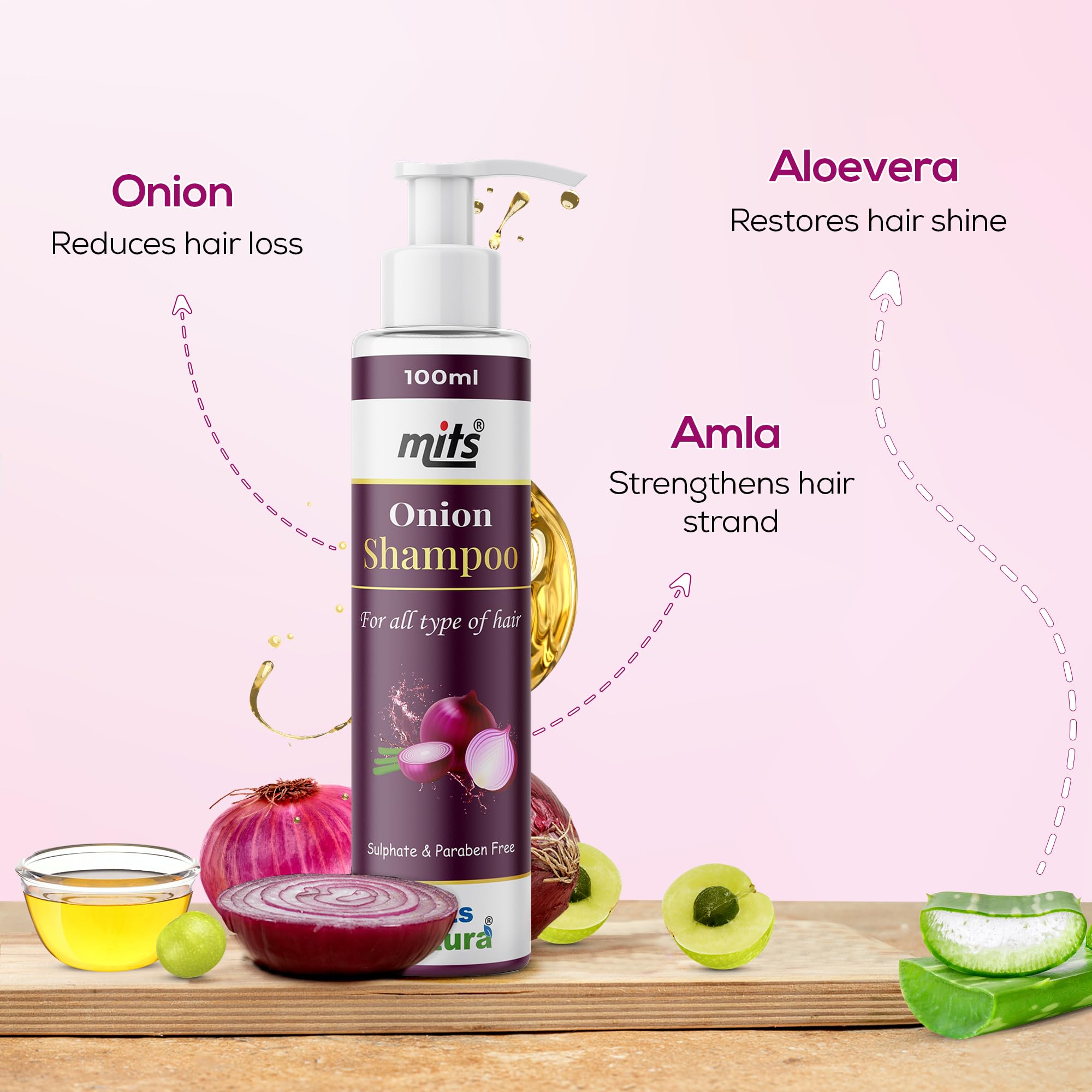 Mits Natural Onion Shampoo for Hair Growth & Hair Loss Control - With Aloe Vera, Curry Leaf, Amla, Brahmi & Neem Extracts - Anti Dandruff Treatment - Strengthens Hair Follicles - Promotes Silky Smooth Shiny Hair - Perfect for Daily Hair Care & Scalp Nourishment