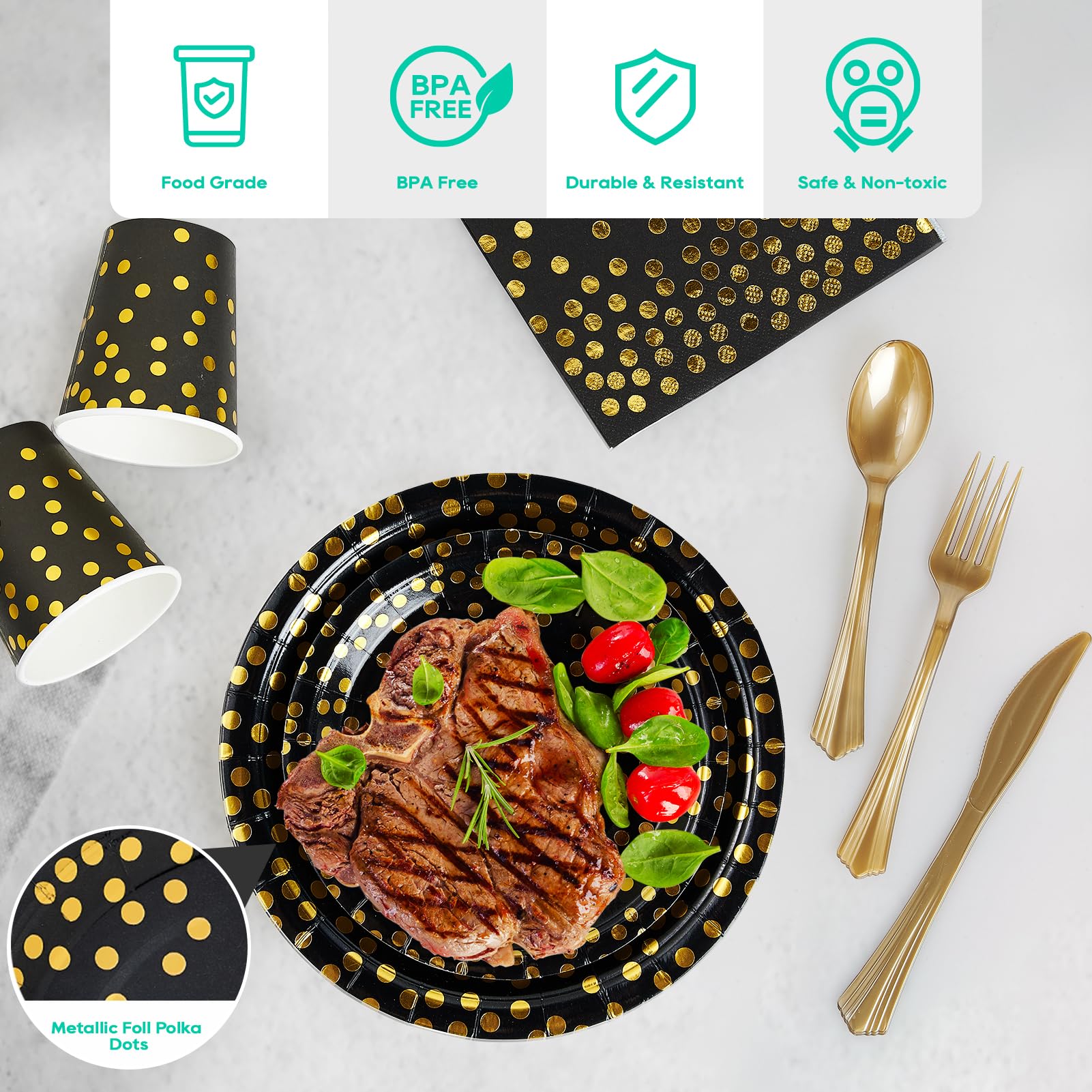 350-Piece Black and Gold Disposable Dinnerware Set - Paper Plates, Napkins, Cups & Gold Plastic Forks, Knives, Spoons - Perfect for Halloween, Graduation, Birthday & Cocktail Party Decorations