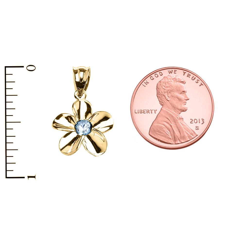14K Yellow Gold Hawaiian Plumeria Blue Zircon Elegant Pendant Necklace for Women - Perfect for Beach Weddings, Summer Vacations & Tropical Gift Giving