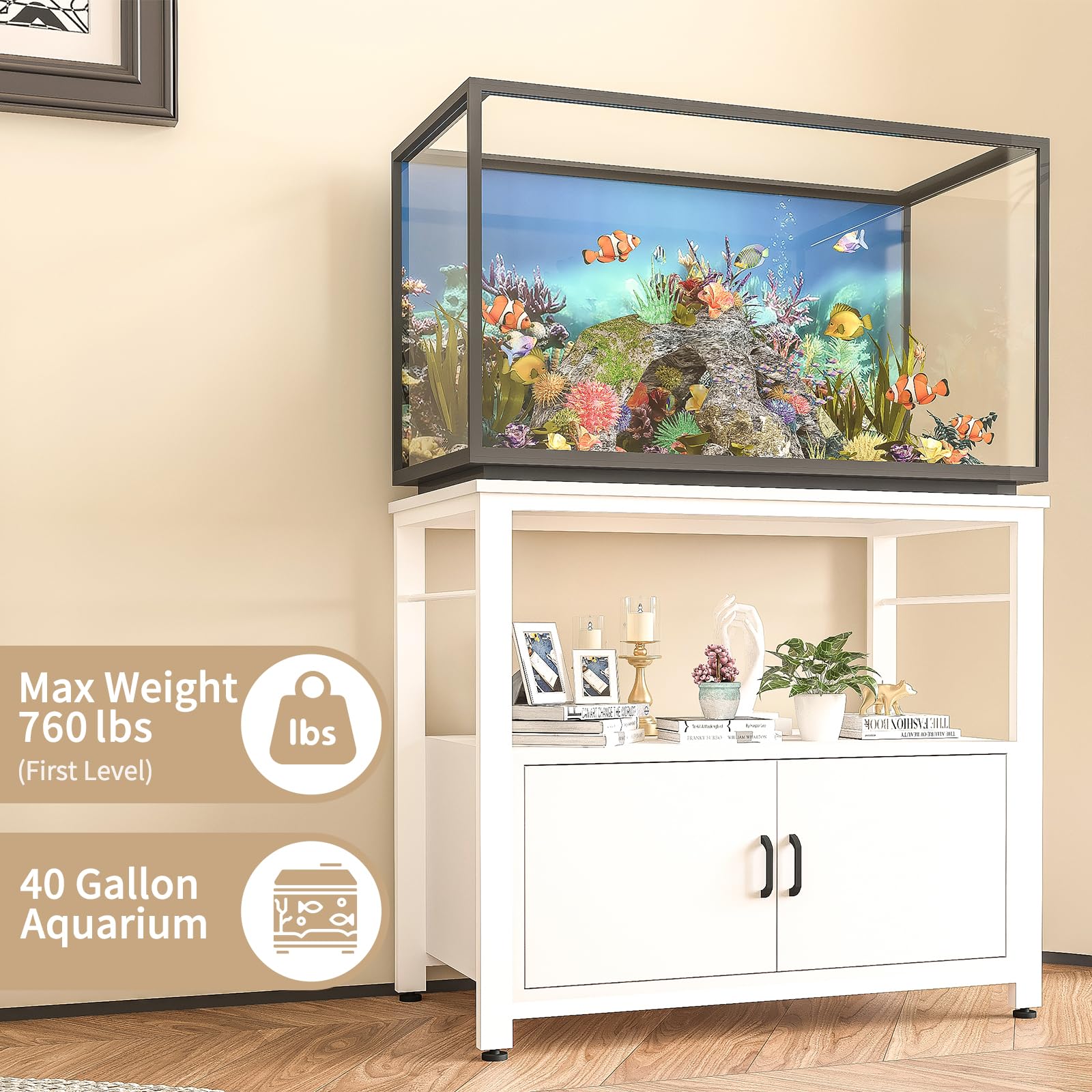 Heavy Duty Metal Fish Tank Stand for 40-50 Gallon Aquariums | Double Layer Storage Cabinet with 760lbs Weight Capacity | White Aquarium Stand for Living Room, Office or Bedroom