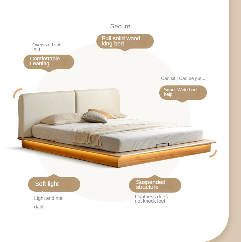 Solid Oak Wood Floating Platform Bed with Soft Fabric Headboard - Modern Technology Bed Frame for Bedroom, Living Room, or Guest Room