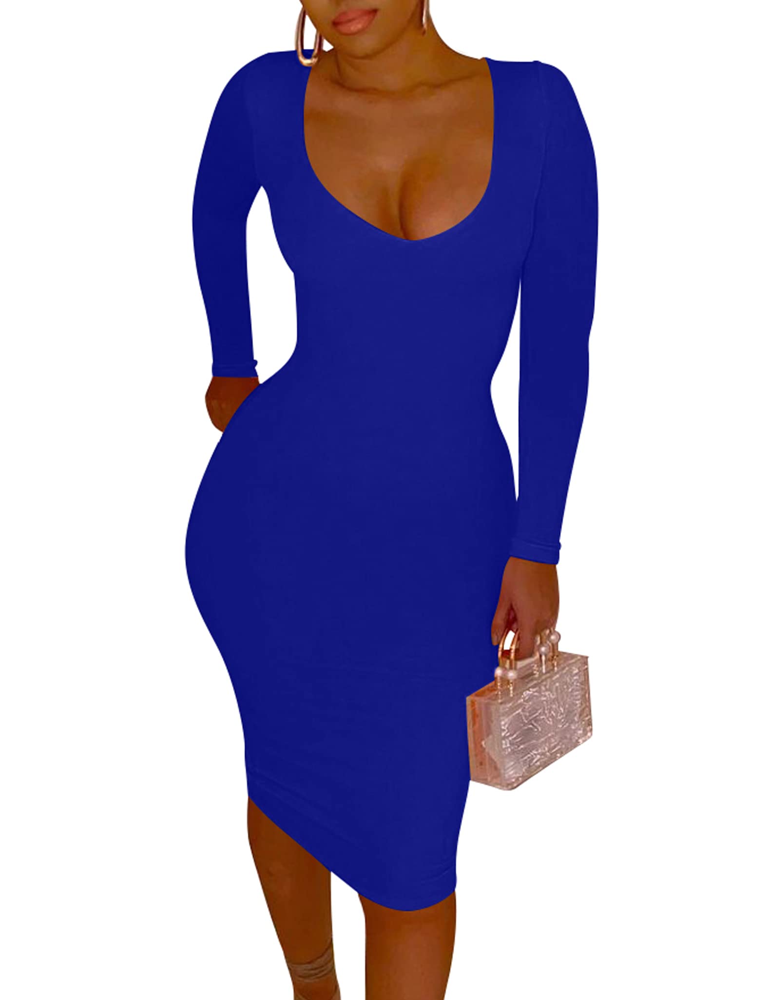 Cailami Women's Sexy Long Sleeve Bodycon Dress - V Neck Midi Pencil Dress for Club, Party, Night Out & Evening Events | Slim Fit Stretchy Cocktail Dress
