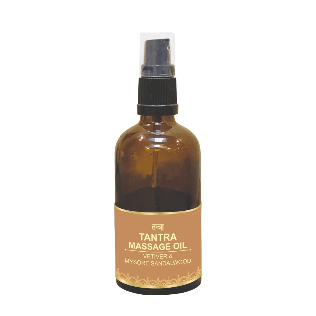 Premium Tantra Body Massage Oil - 100% Natural Mysore Sandalwood & Vetiver - Ayurvedic Relaxation Oil for Couples Massage, Aromatherapy & Sensual Wellness (100ml)