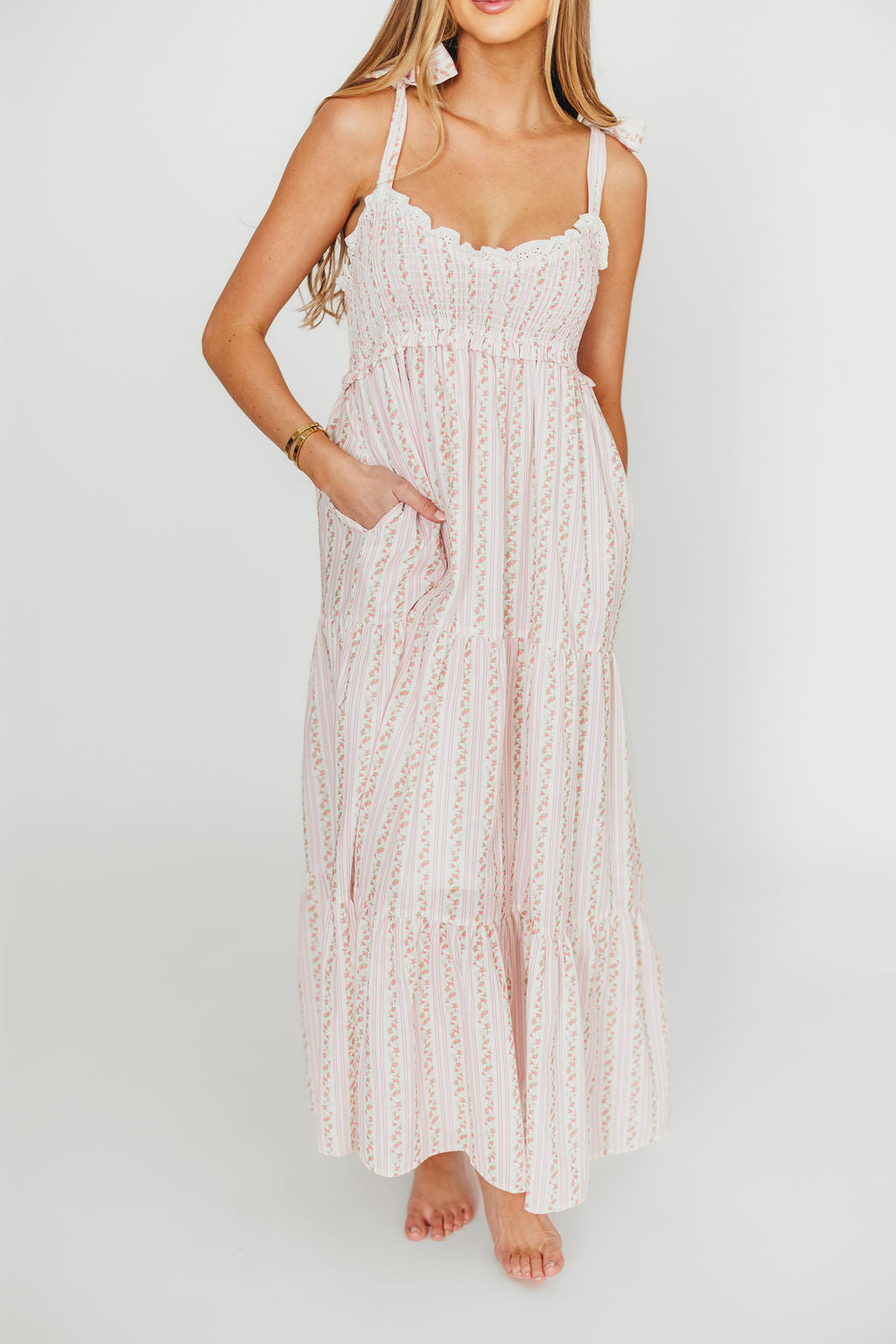 Vivienne Women's Floral Maxi Sundress - Ivory & Pink Summer Beach Dress for Vacation, Pool Party, and Casual Outings
