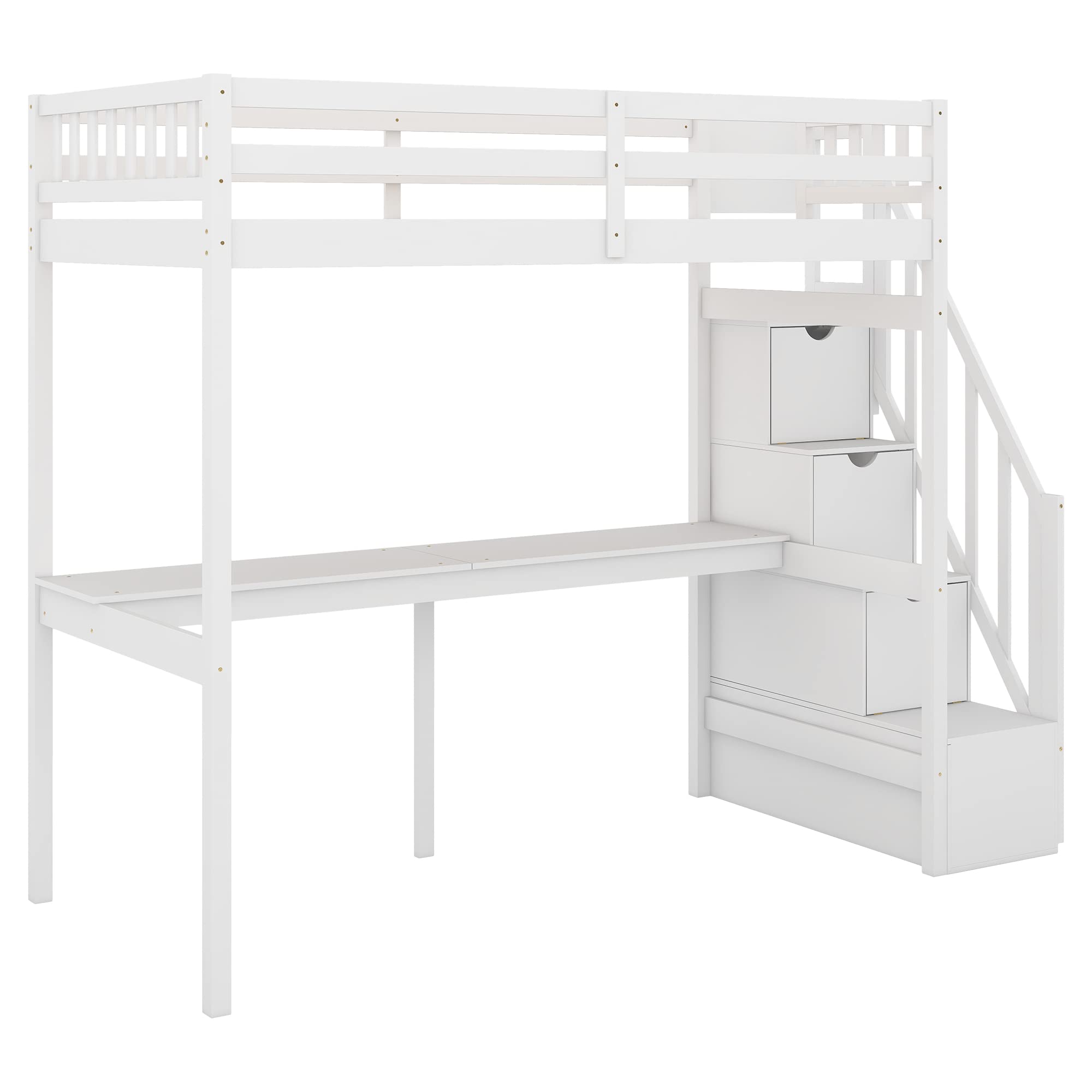 Twin Loft Bed with Desk and Storage - Sturdy Wood Loft Bed Frame with Staircase for Kids, Boys, Girls & Teens - White - Perfect for Small Bedrooms, Dorm Rooms & Kids' Spaces