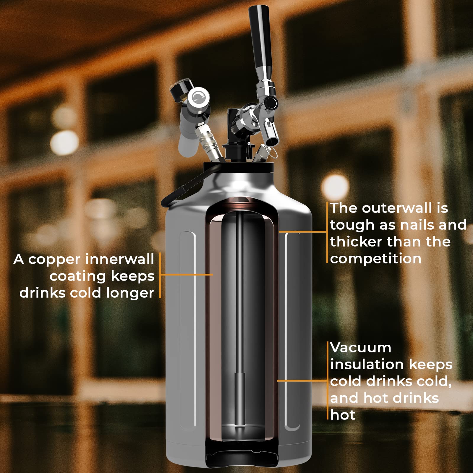 1 Gallon Stainless Steel Vacuum Insulated Beer Growler - Keeps Drinks Cold for 48 Hours - Double Wall Carbonated Beverage Dispenser for Craft Beer, Soda, Cocktails & Kombucha - Perfect for Camping, Picnics & Outdoor Parties