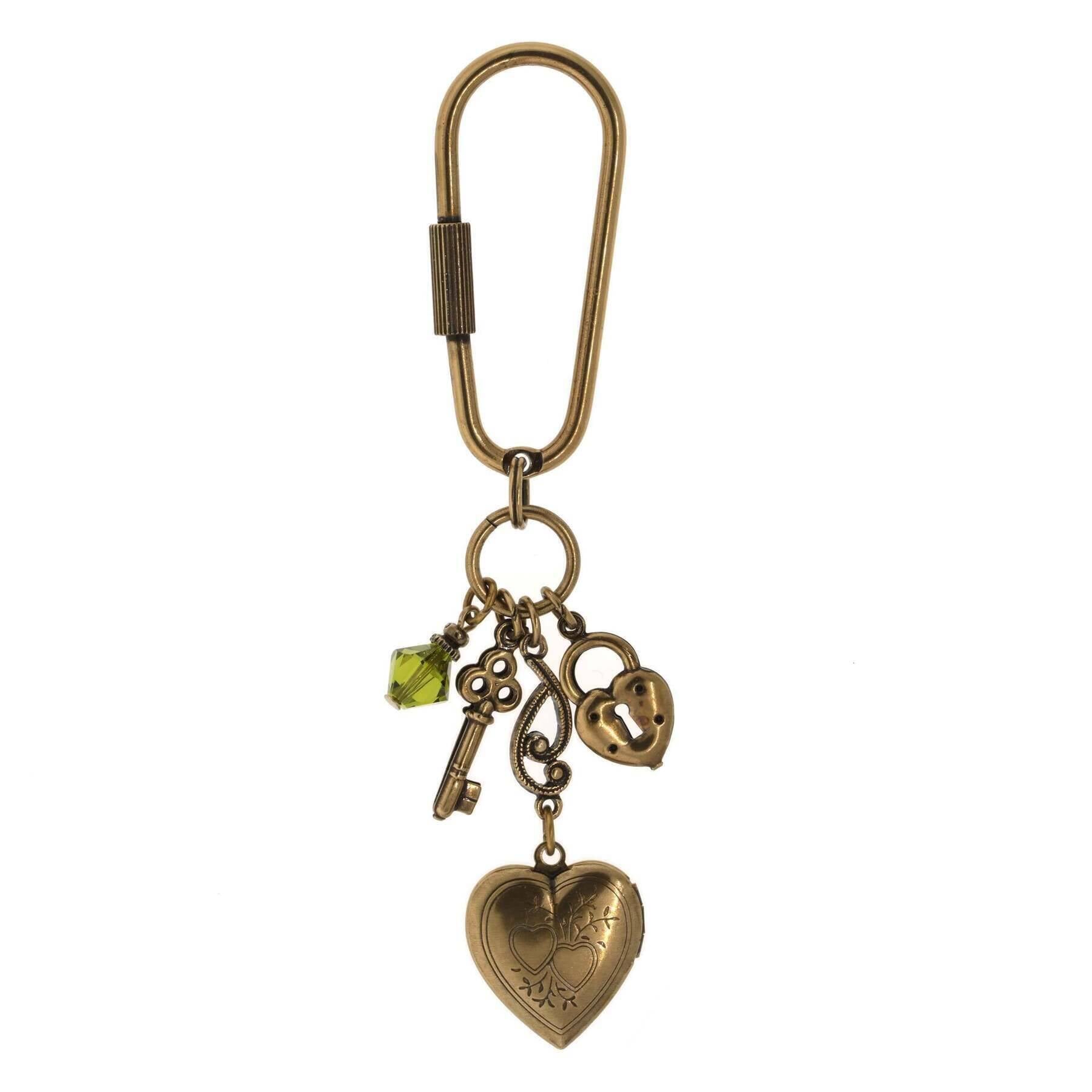1928 Jewelry Green Crystal Bead Heart Locket Carabiner Keychain - Vintage Style Charm for Keys, Purse & Backpack Accessories | Perfect Gift for Women & Girls