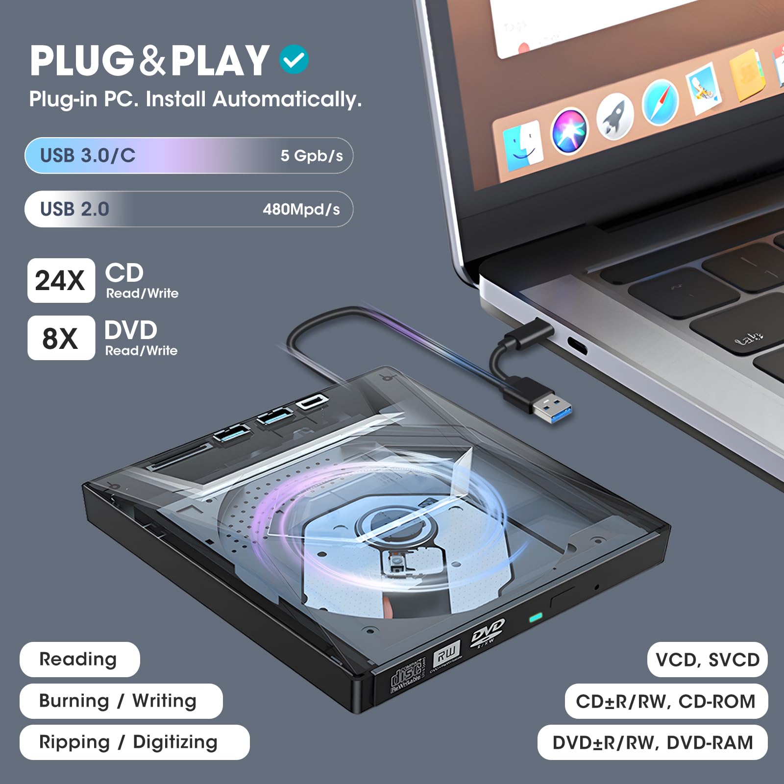 ROOFULL Portable External CD DVD Drive USB 3.0 & USB-C - CD/DVD Burner Player with USB Hub & SD Card Reader - Optical Disk Drive Writer for Laptop PC Windows 11/10, Mac, Linux - Perfect for Home Office, Travel, and Media Backup