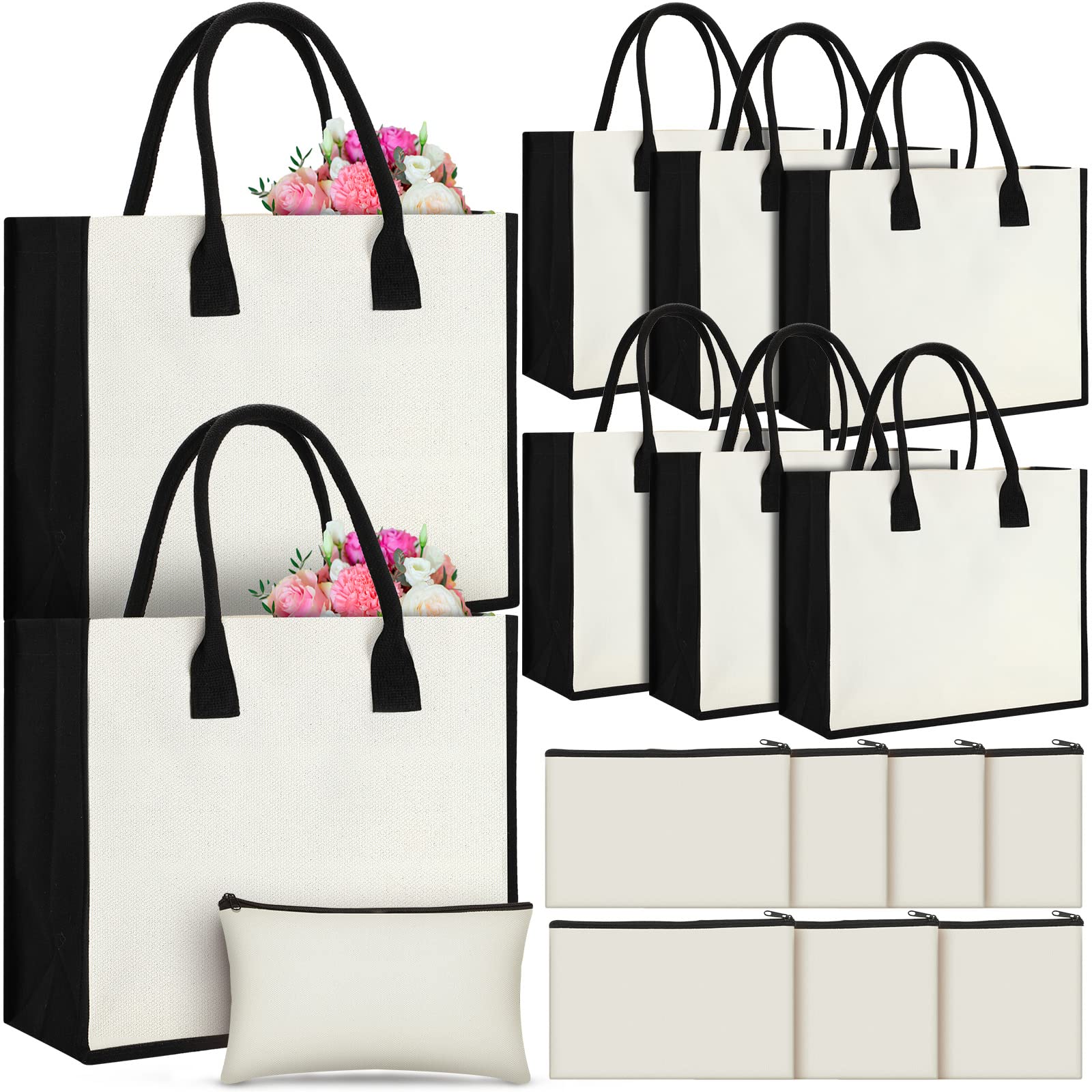 16 Pack Blank Canvas Tote Bags with Makeup Pouch - Customizable Initial Beach Totes for Women, Travel, Bridesmaid Gifts, Wedding & Birthday - Perfect for Shopping, Beach Trips and Daily Use