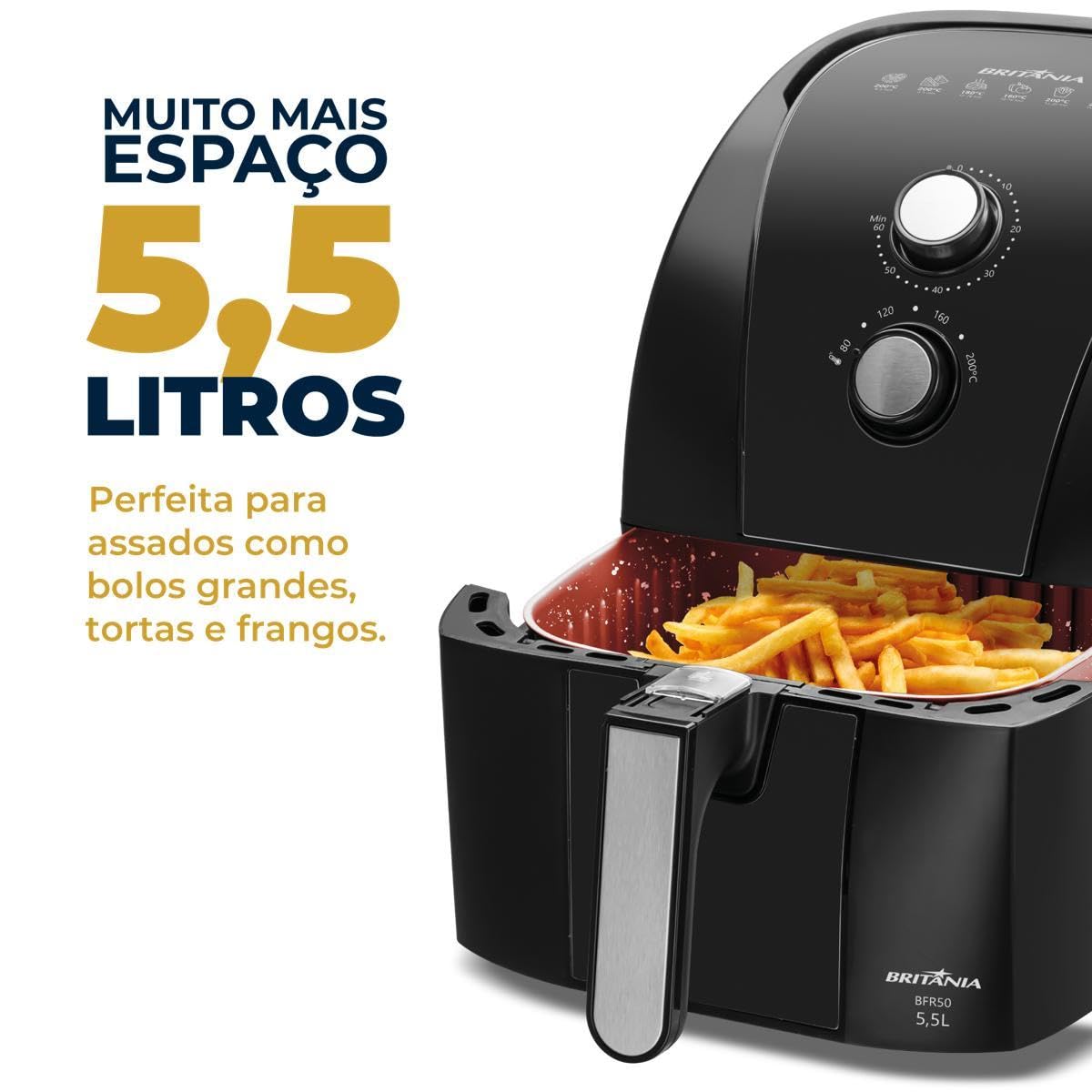 Britânia 5.5L 1500W Air Fryer (BFR50 Redstone) - Large Capacity, 220V, Healthy Oil-Free Cooking - Perfect for Family Meals, Snacks & Crispy Fried Foods