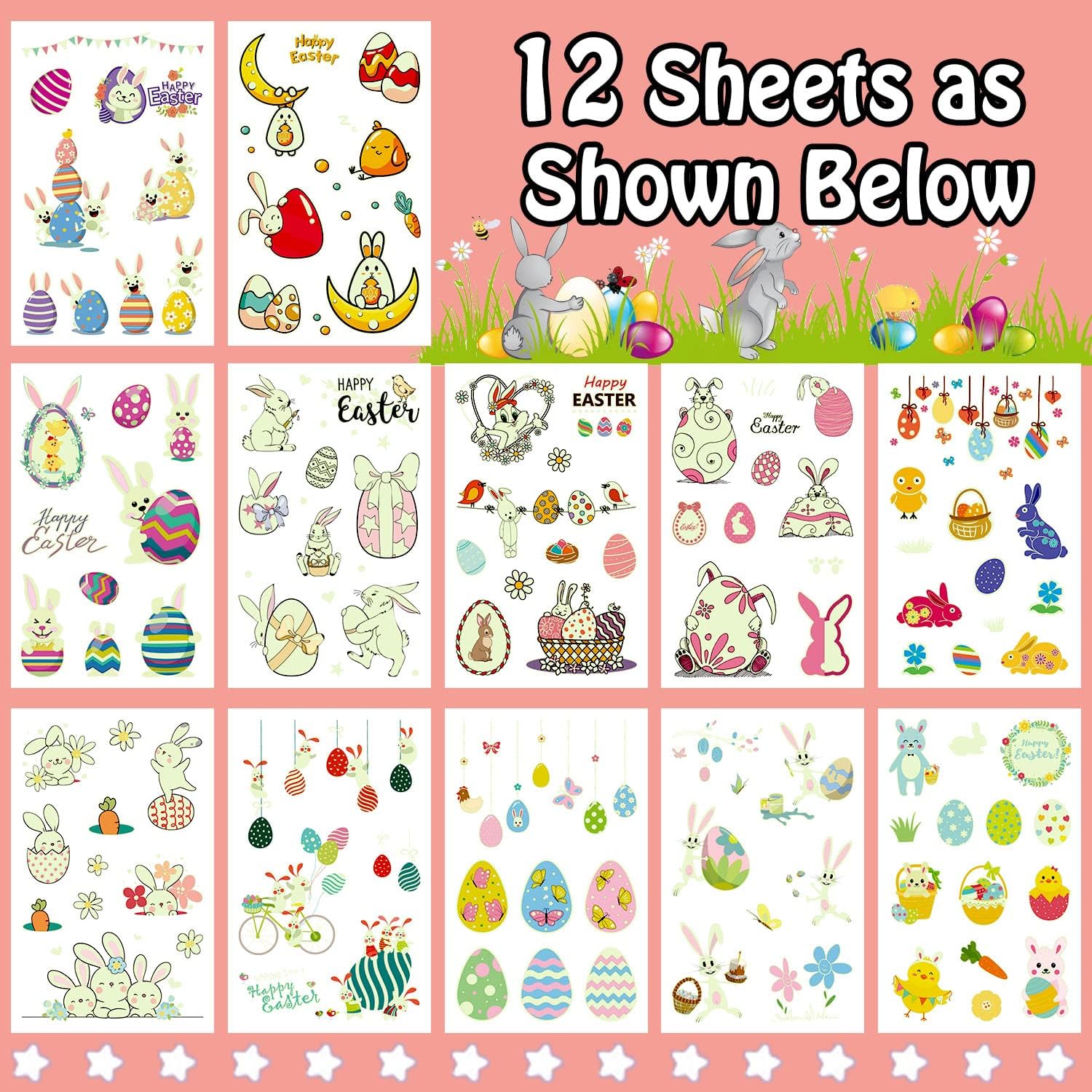 Glow-in-the-Dark Easter Temporary Tattoos for Kids - 24-Pack Fun Luminous Stickers, Easter Basket Stuffers, Party Favors & Gift Fillers - Perfect for Easter Egg Hunts, Classroom Rewards & Spring Celebrations
