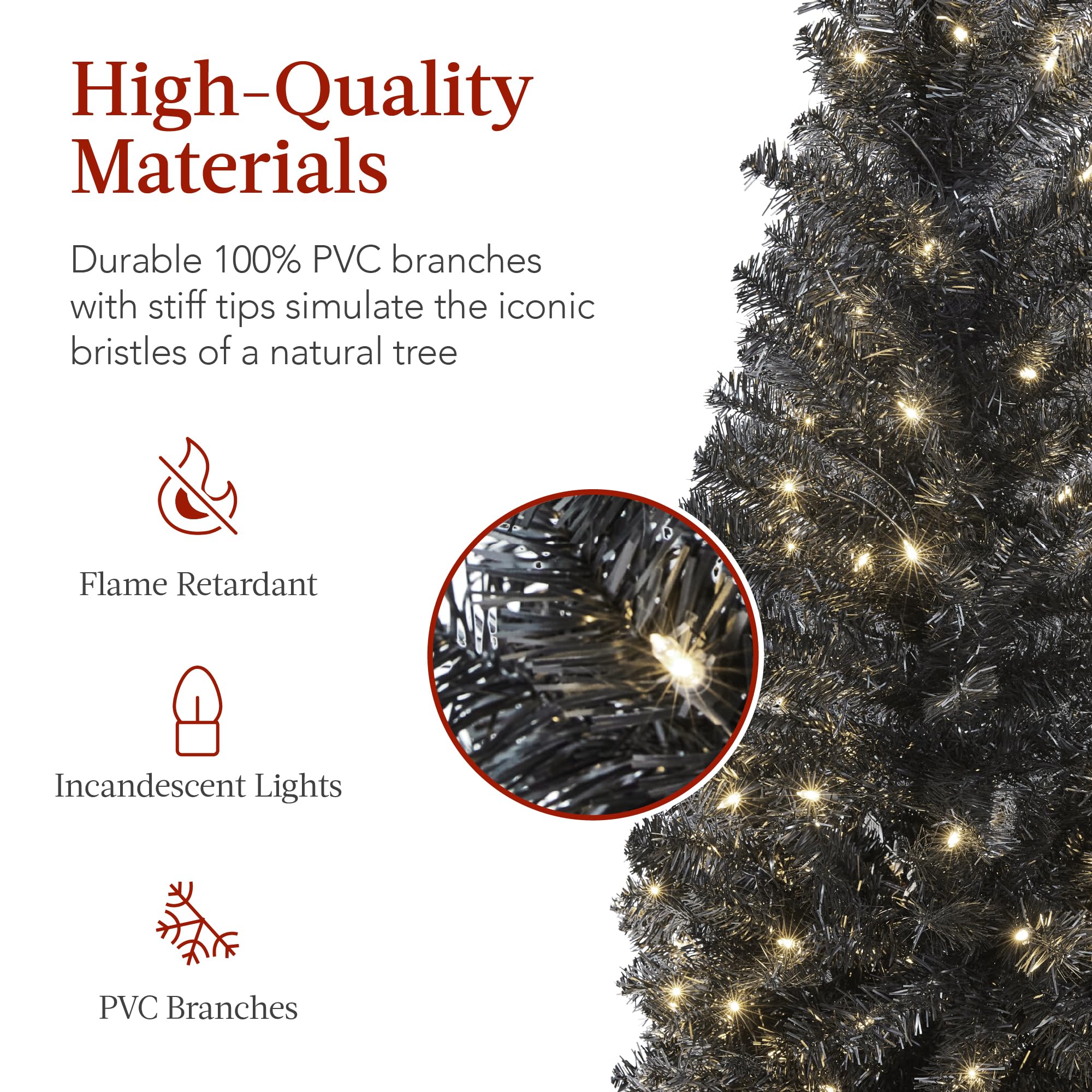 Best Choice Products 7.5ft Pre-Lit Black Pencil Christmas Tree with 300 Incandescent Lights - Slim Artificial Holiday Tree for Home, Office & Party Decor - 972 Tips & Metal Base - Perfect for Small Spaces & Modern Holiday Decorations