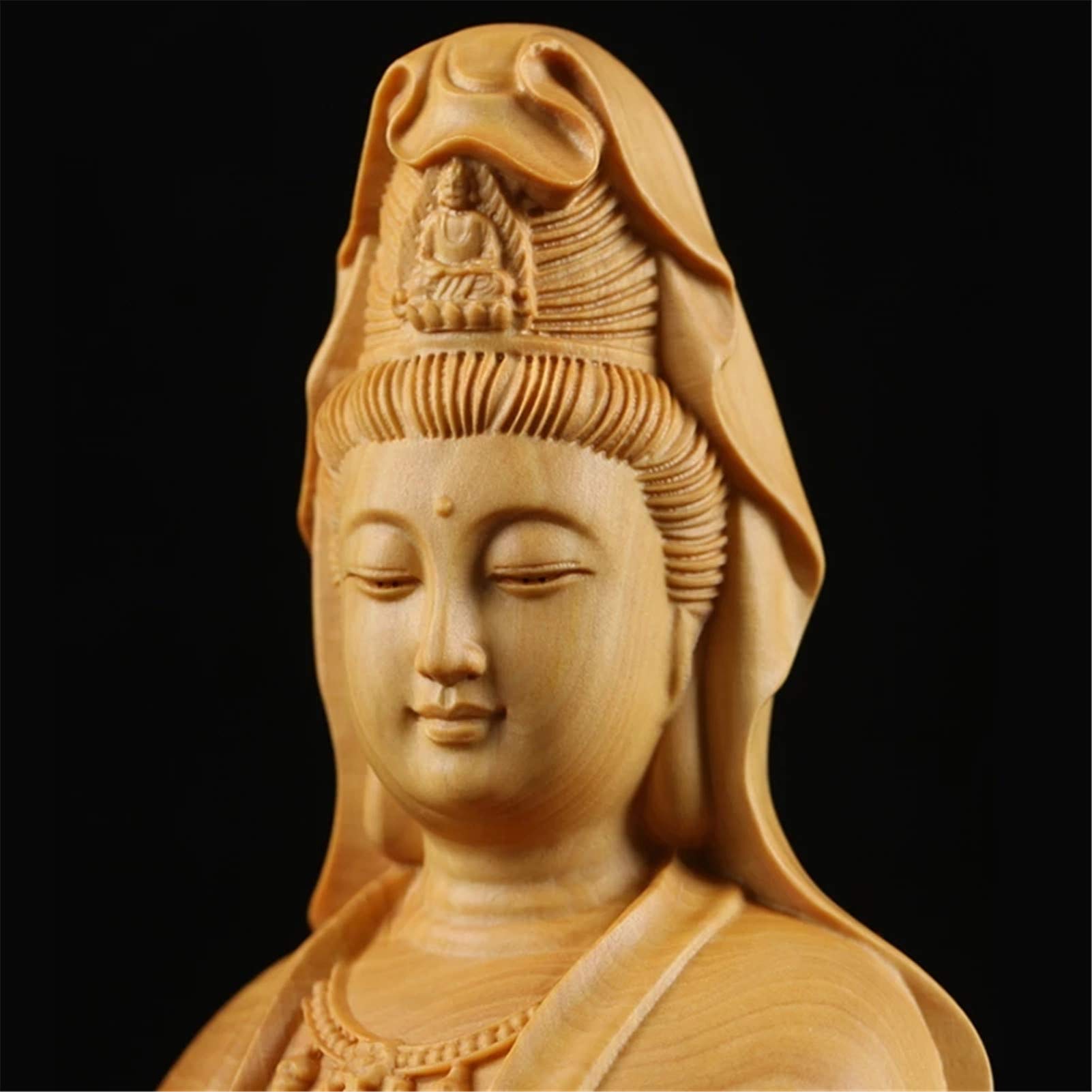 LILOVE 22cm Chinese Solid Wood Guanyin Buddha Statue - Handcrafted Wooden Buddhist Sculpture for Home Altar, Office Desk Decor & Meditation Space - Feng Shui Gift & Spiritual Decor