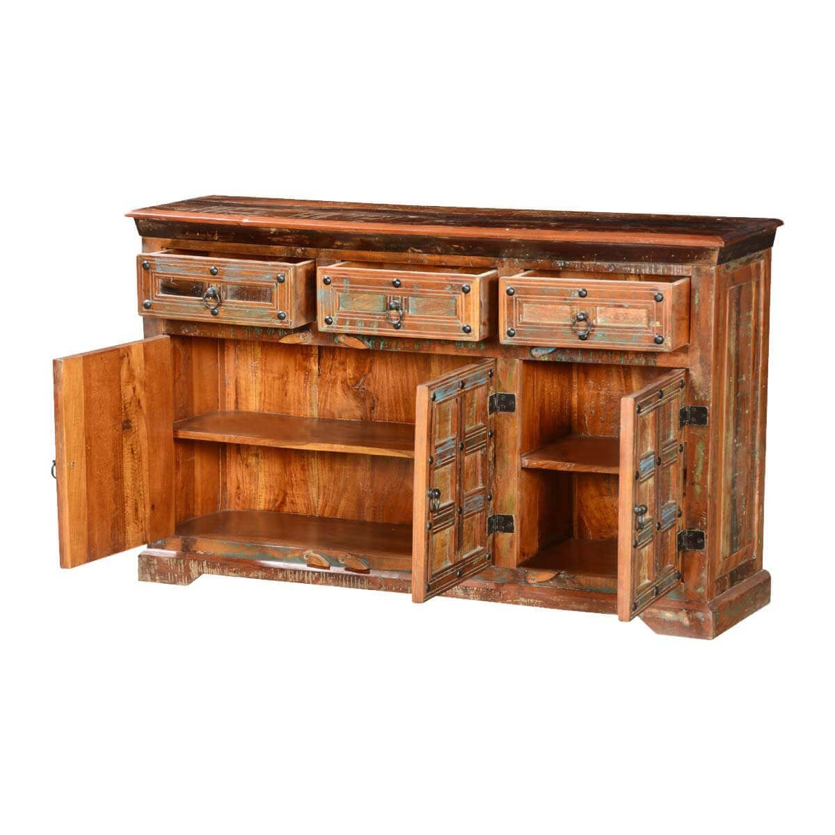 Reclaimed Wood 3-Drawer Buffet Sideboard Cabinet - Rustic Indian Teakwood Storage for Dining Room, Living Room & Entryway