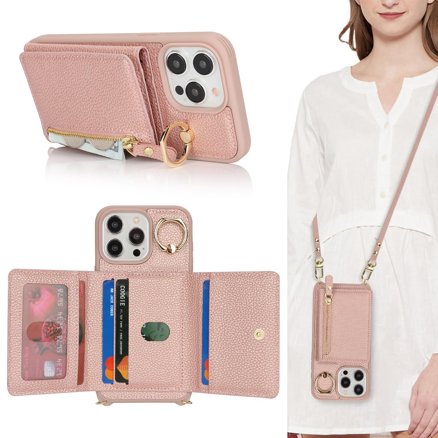 Premium Leather iPhone 13 Pro Max Case with Card Holder & Crossbody Strap - Wallet Phone Case with Zipper Pocket, Stand Ring & Lanyard for Women (Rose Gold) | Perfect for Travel, Shopping & Daily Use