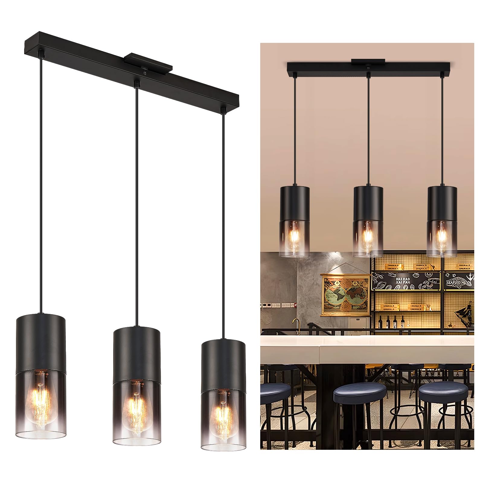 Industrial Black Glass Pendant Light - Farmhouse Kitchen Island Chandelier with 3 E26 Bulbs & 59