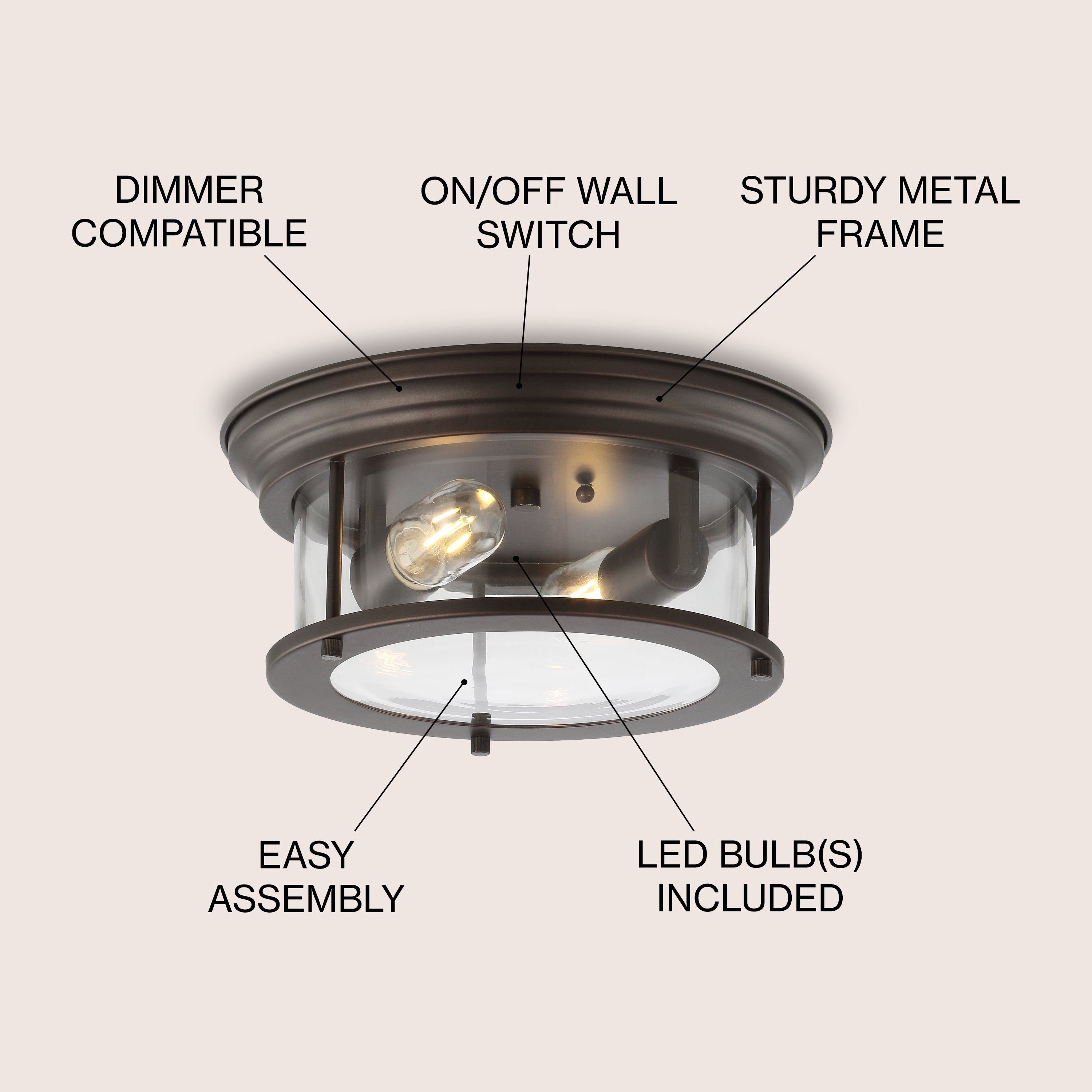 Lauren 13.25 Inch Modern Metal and Glass LED Flush Mount Ceiling Light - Perfect for Bedroom, Kitchen, Hallway & Office Lighting