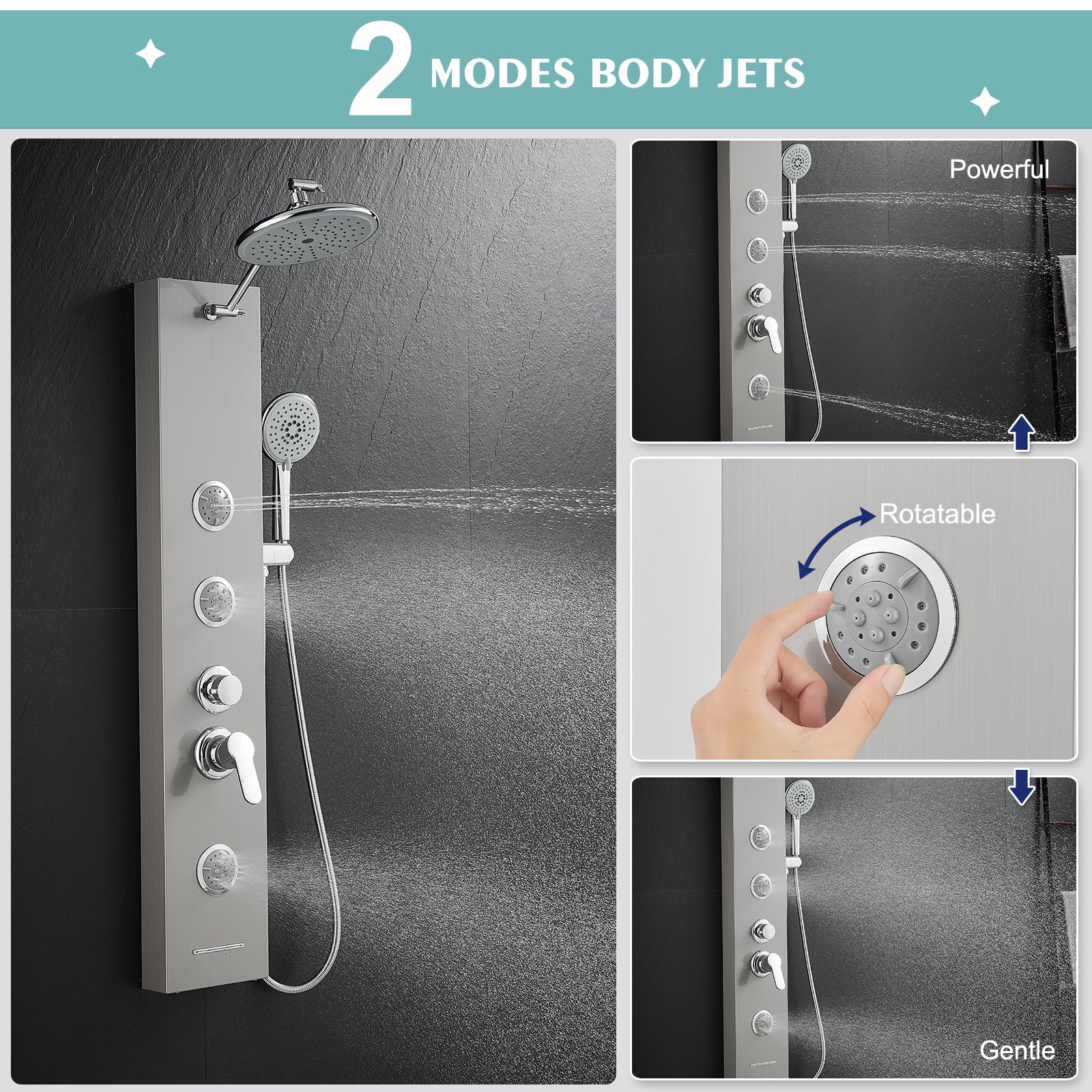 Premium Stainless Steel Shower Panel System - 5-Function Adjustable Handheld Shower Head with 2-Setting Body Jets & Self-Cleaning Nozzles | Brushed Nickel Finish for Bathroom & Spa Relaxation