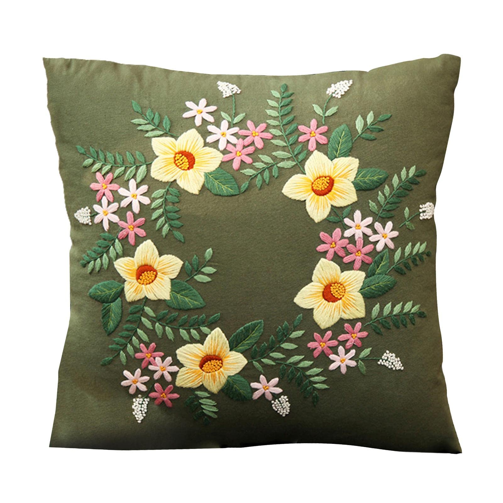 Almencla Embroidery Pillow Covers Kit - DIY Cushion Cover & Stitch Set for Beginners (Green) - Perfect for Home Decor, Gifts & Craft Projects