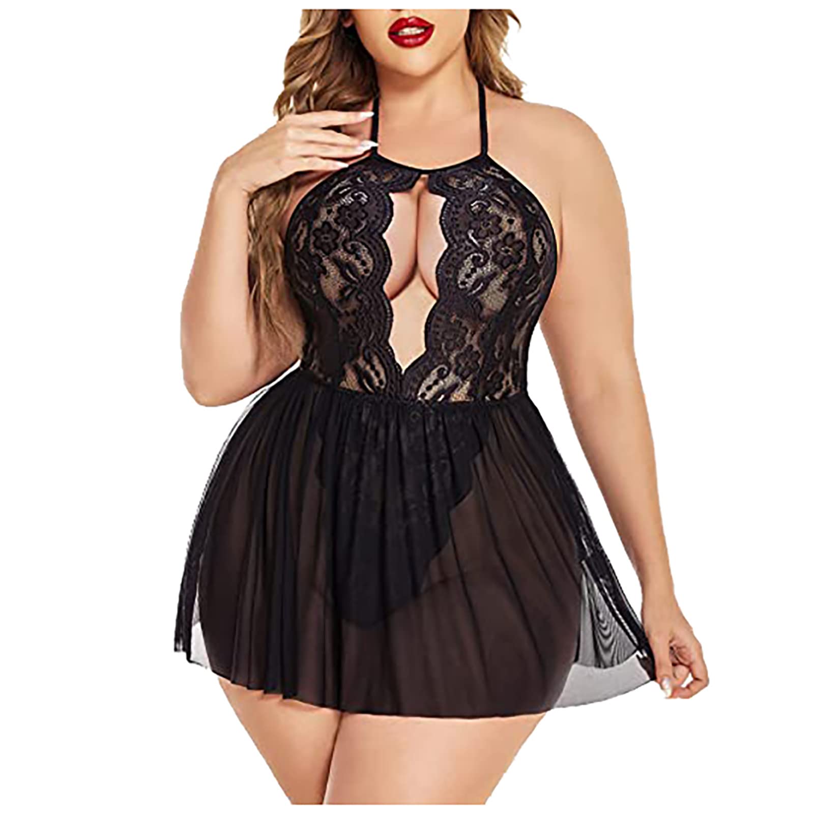 Oplxuo Women's Plus Size Lingerie - Sexy Cut Out Halter Teddy Bodysuit with Floral Lace & Sheer Mesh for Boudoir, Nightwear, and Special Occasions | Comfortable and Stylish Sleepwear for Curvy Women
