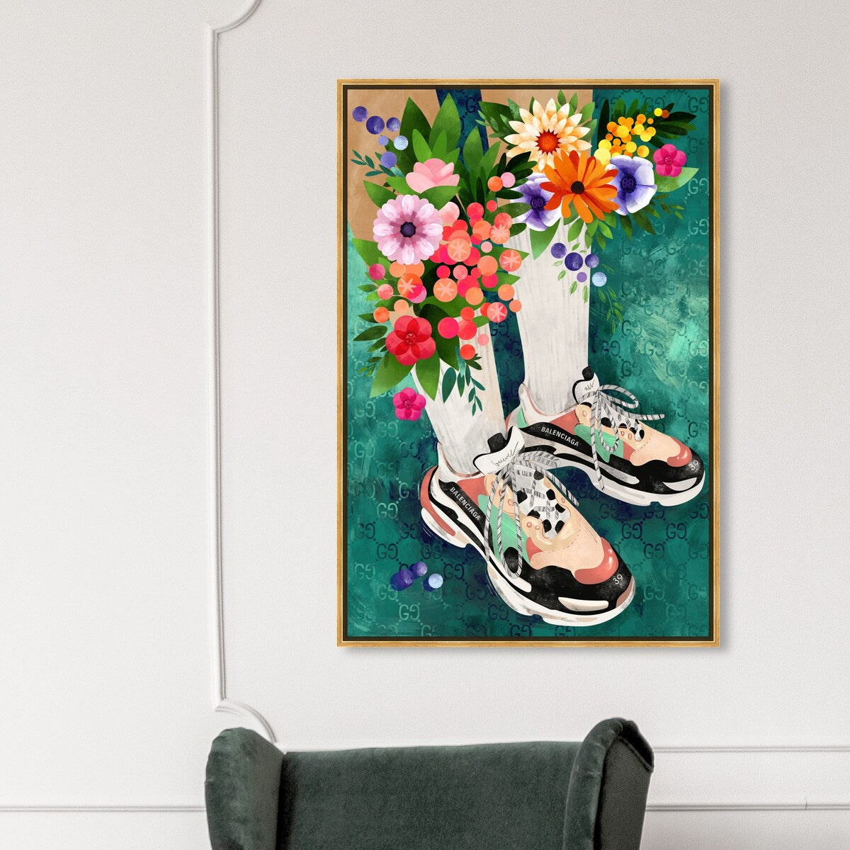 Stylish Floral Sneakers & Socks Set with Modern Green Framed Canvas Wall Art - Perfect for Bedroom Decor and Fashion Outfits | Home & Fashion Combo