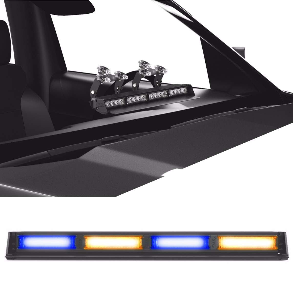 SpeedTech Lights Striker TIR 4-Head LED Strobe Light Bar - High Intensity Emergency Warning Lights for Vehicles with Cigarette Lighter Plug (Blue/Amber Alternating) - Perfect for Police Cars, Tow Trucks & Construction Vehicles