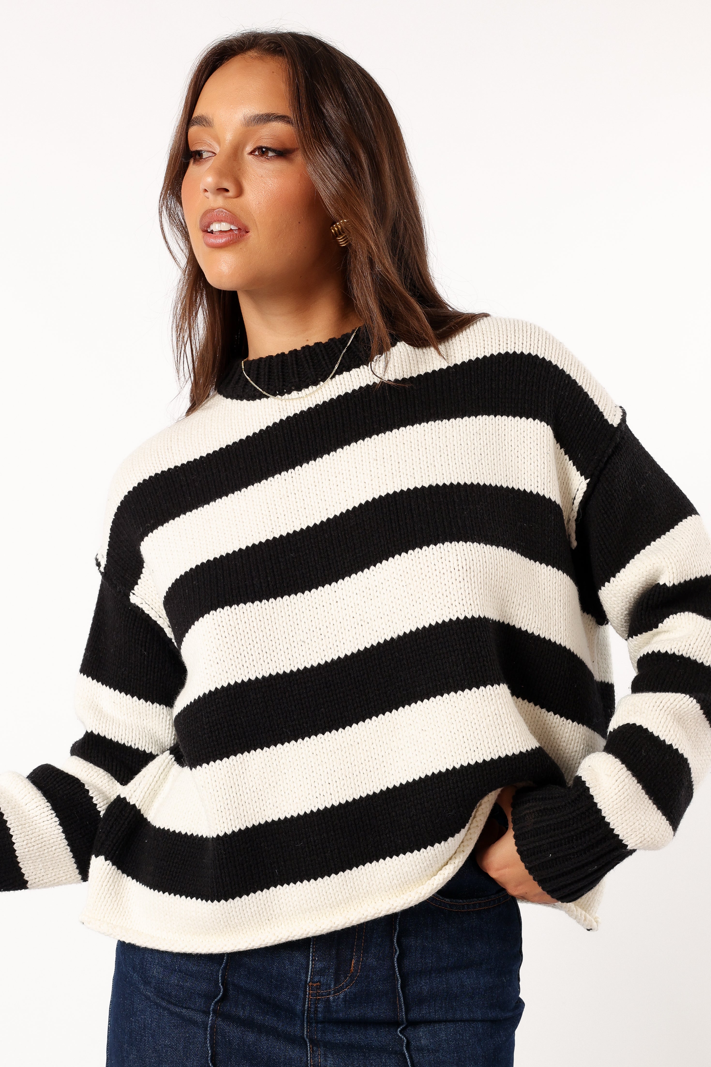 Gretchen Stripe Crewneck Knit Sweater for Women - Soft Black Cotton Pullover | Casual Fall Winter Wear, Office Outfit, Weekend Style