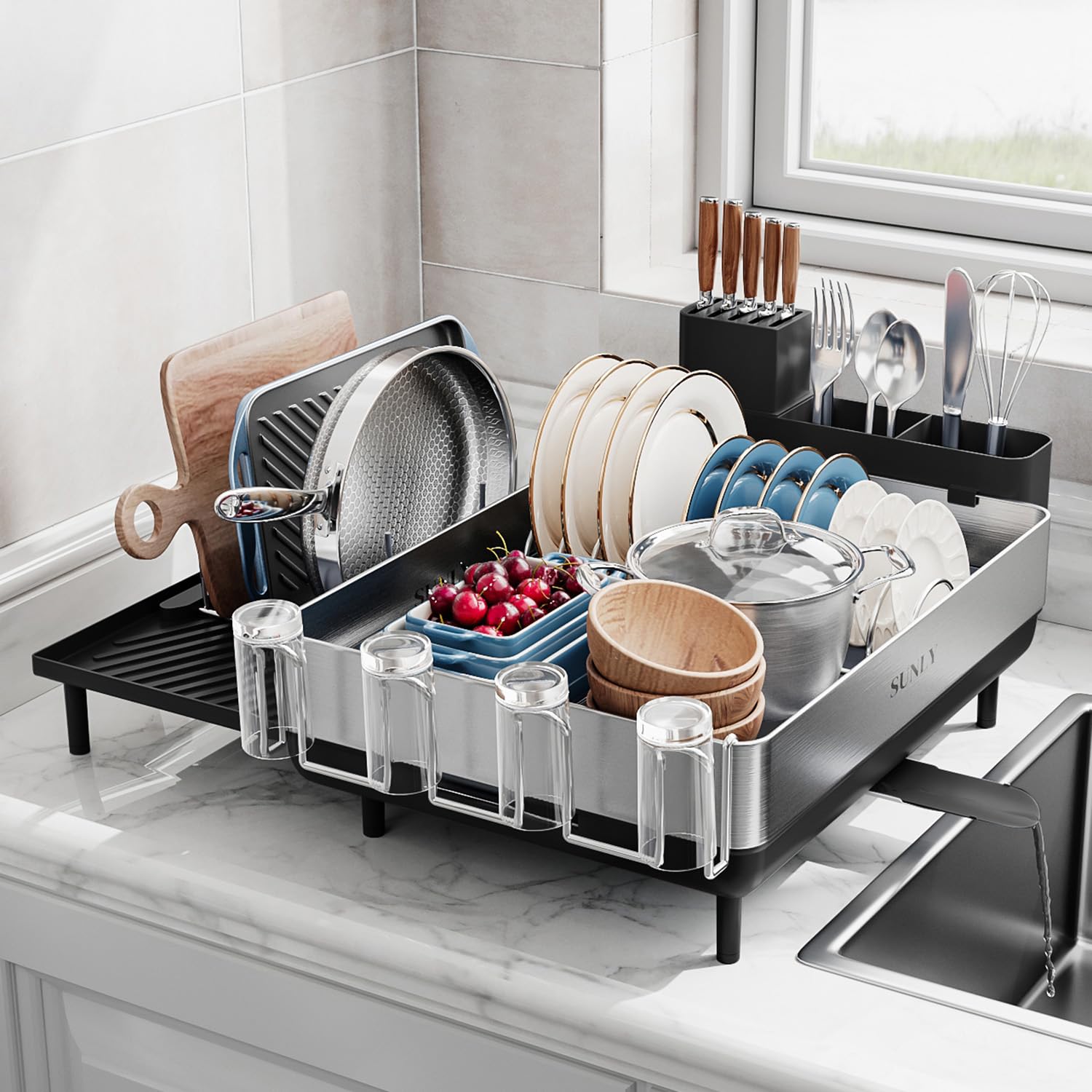 **SUNLY Large Expandable Dish Drying Rack - 304 Stainless Steel Space-Saving Kitchen Counter Drainer with Flip-Up Pegs - Perfect for Small Kitchens, Apartments & Dishwashing Organization (Black)**