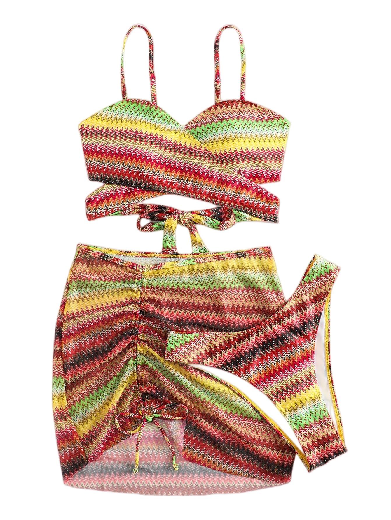 MakeMeChic Women's 3 Piece Swimsuit Set - Halter Bikini Top, High Waist Bottom & Cover Up Skirt | Beachwear for Summer Vacation, Pool Party & Tropical Getaway
