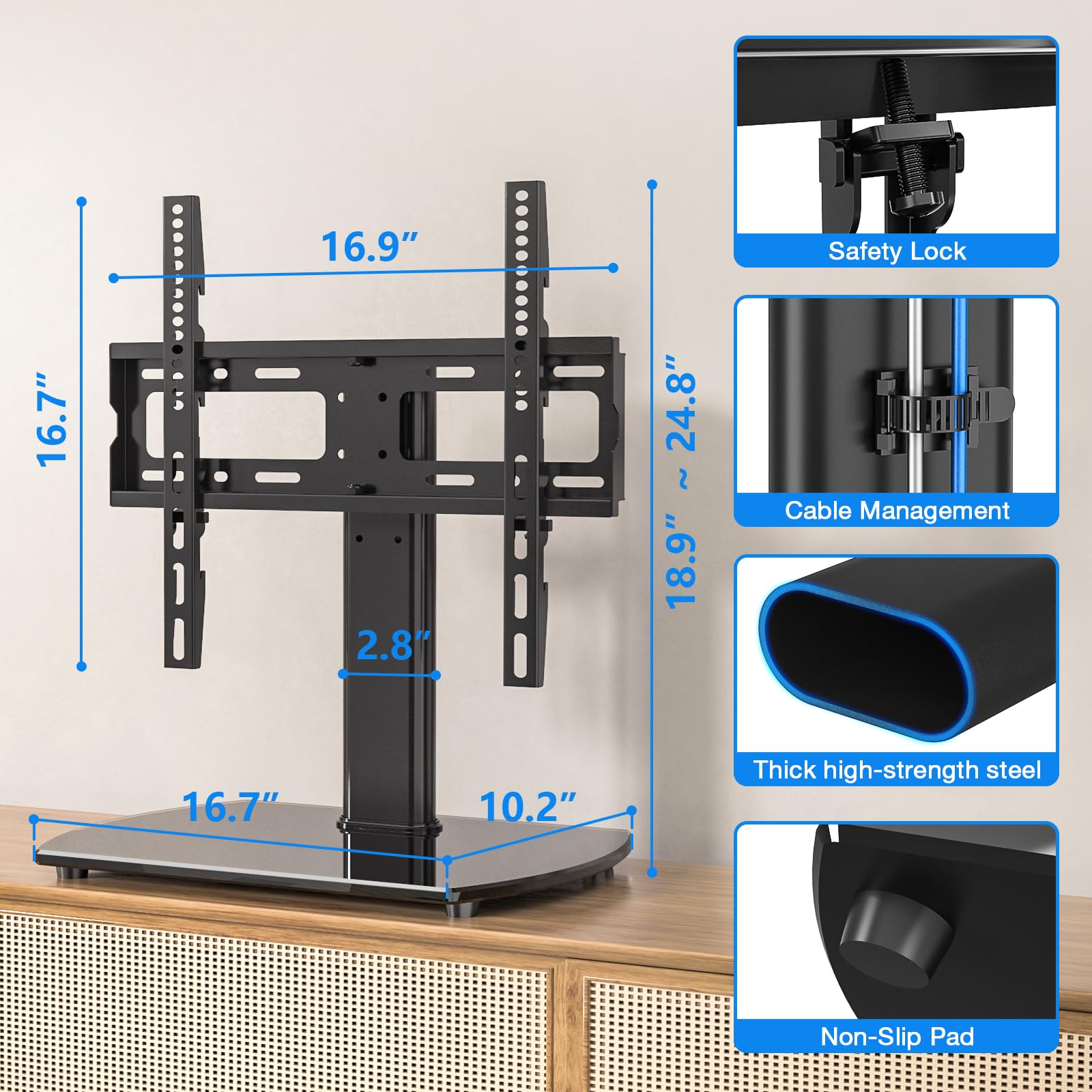 Universal Swivel TV Stand for 27-60 Inch TVs - Height Adjustable Table Top TV Mount Holds 88 lbs - Tempered Glass Base Pedestal Stand for Living Room, Bedroom & Office
