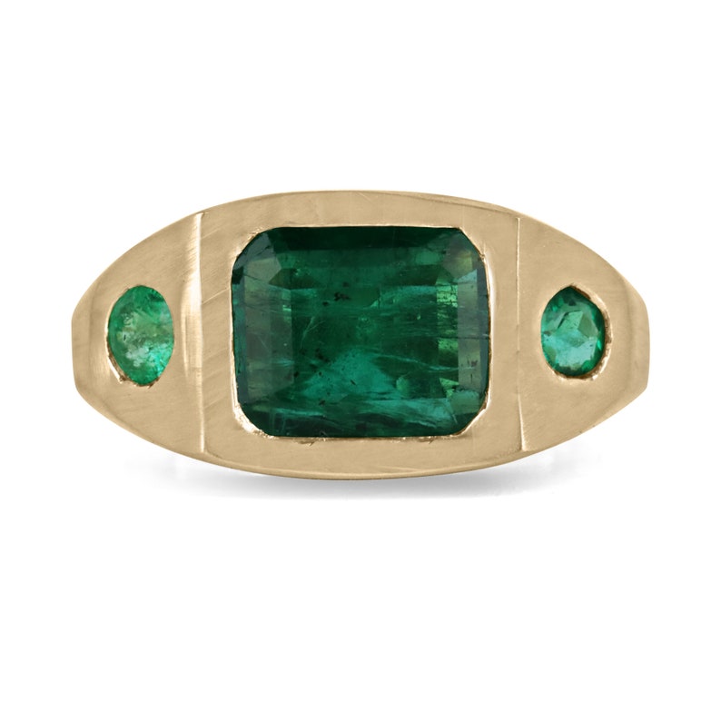 3.42tcw Rich Green Gypsy Style Matte Finish Emerald 3 Stone Trilogy Ring in 18K Gold - Perfect for Weddings, Anniversaries & Bohemian Fashion