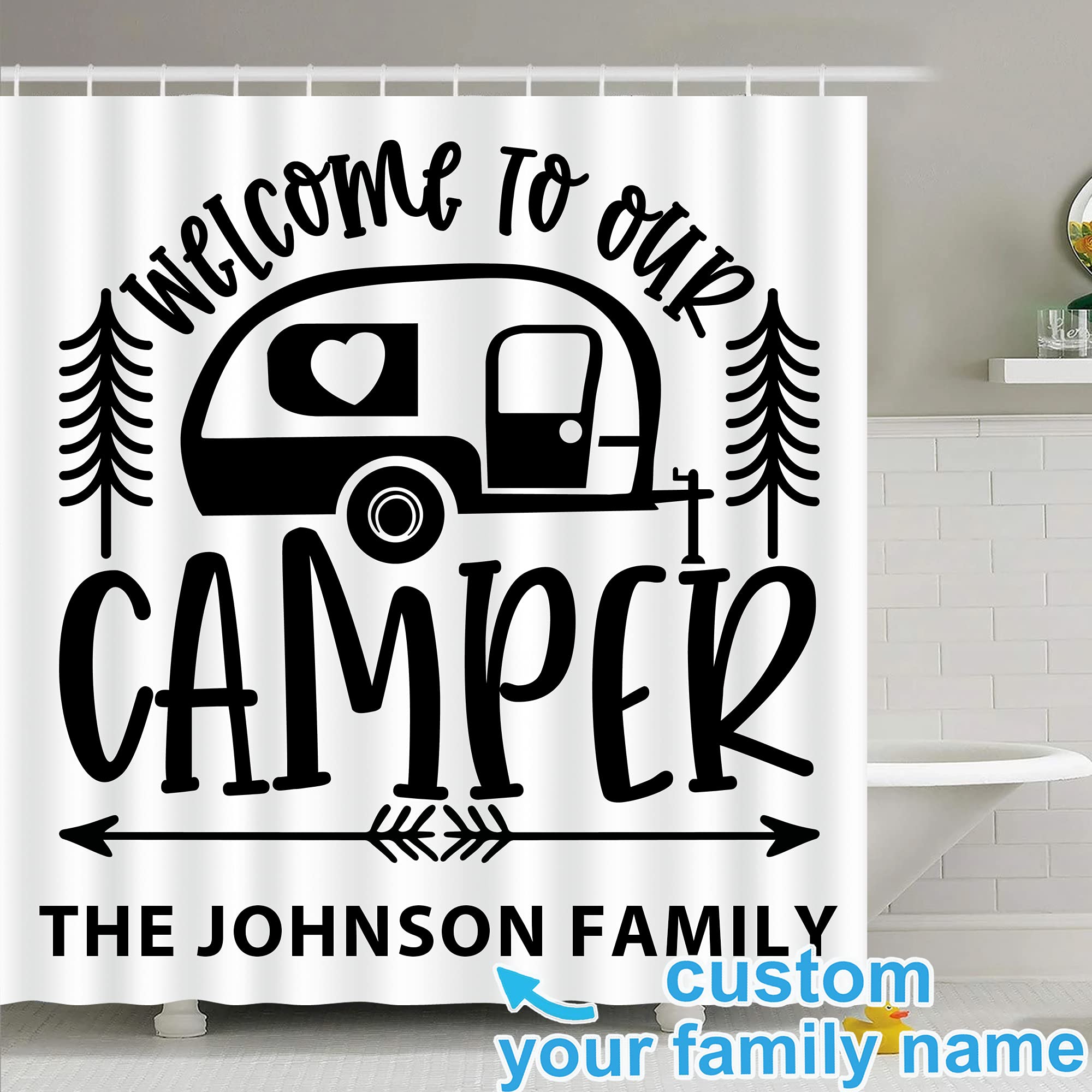 Custom RV Shower Curtain with Family Name - Happy Camper Decor for Travel Trailers | Camping Must-Haves
