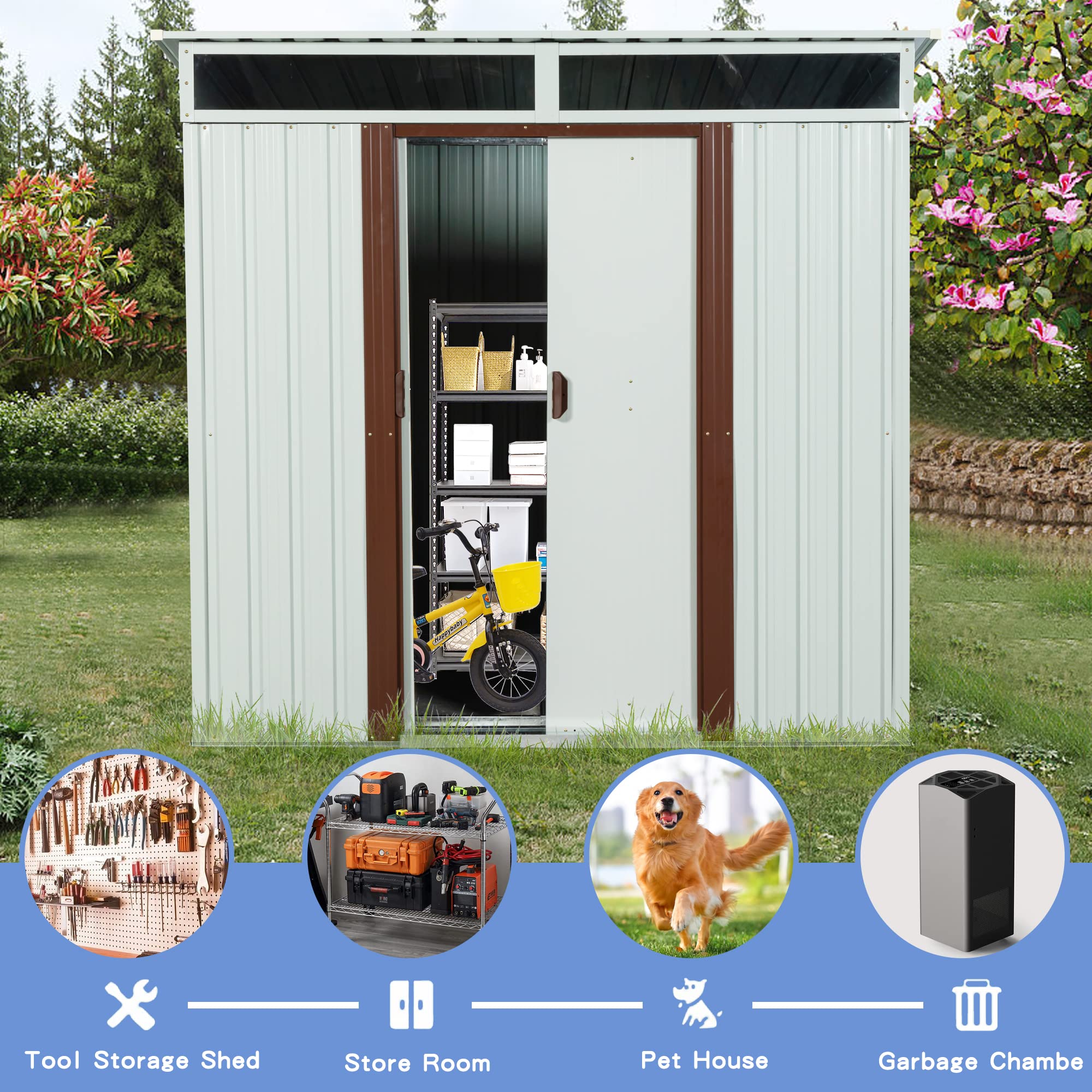 6.4 x 5ft White Steel Outdoor Storage Shed with Floor Frame & Double Lockable Doors - Durable Metal Garden Tool Shed for Backyard, Patio, Lawn Organization (Includes Side Window) | Perfect for Storing Lawn Mowers, Gardening Tools & Outdoor Equipment