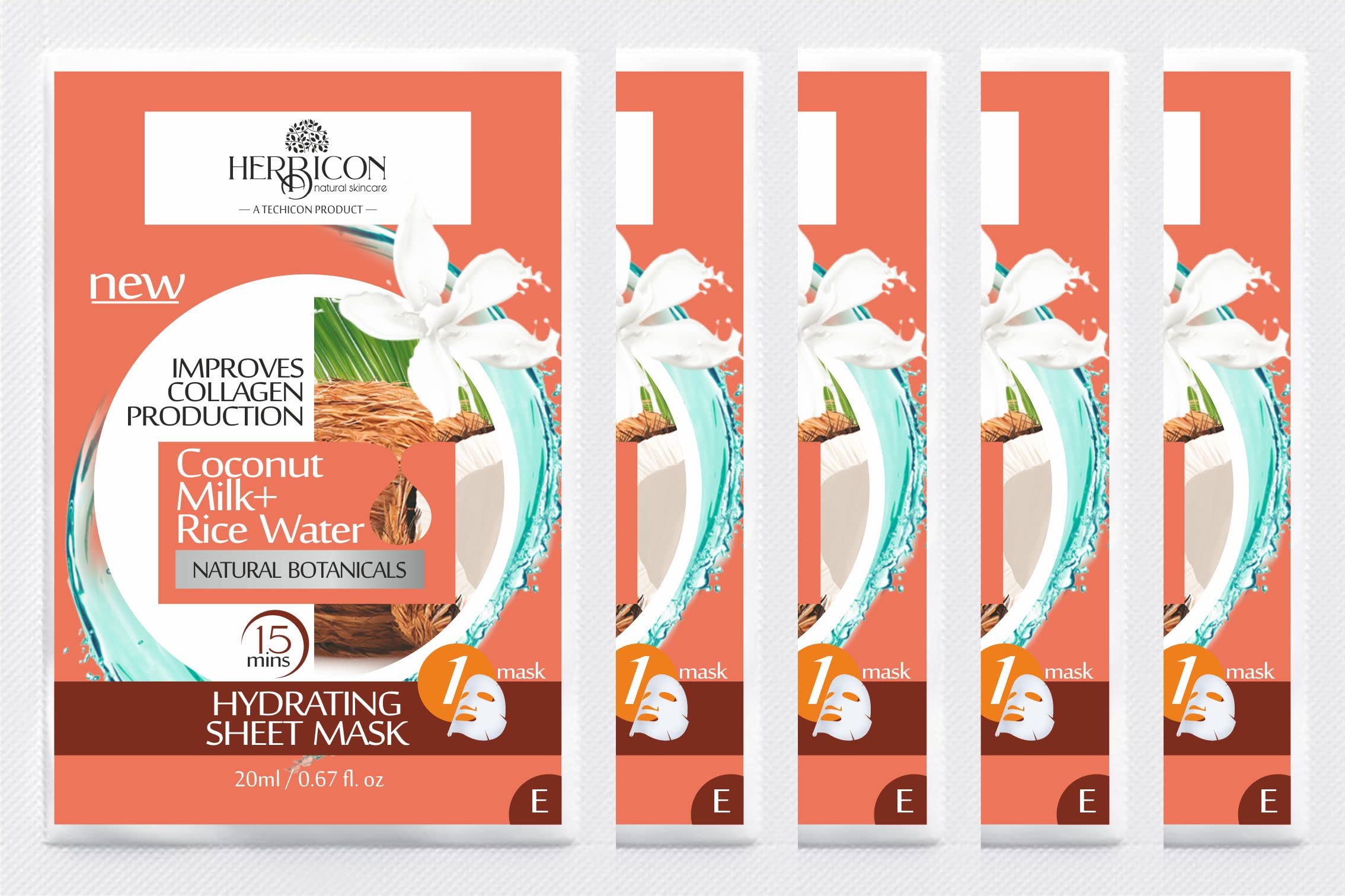 Herbicon Rice Water & Coconut Milk Face Sheet Mask - Deep Hydration Facial Treatment for Dry Skin - 20g (5 Pack) | Korean Skincare Routine, Spa Day at Home, Post-Workout Refresh