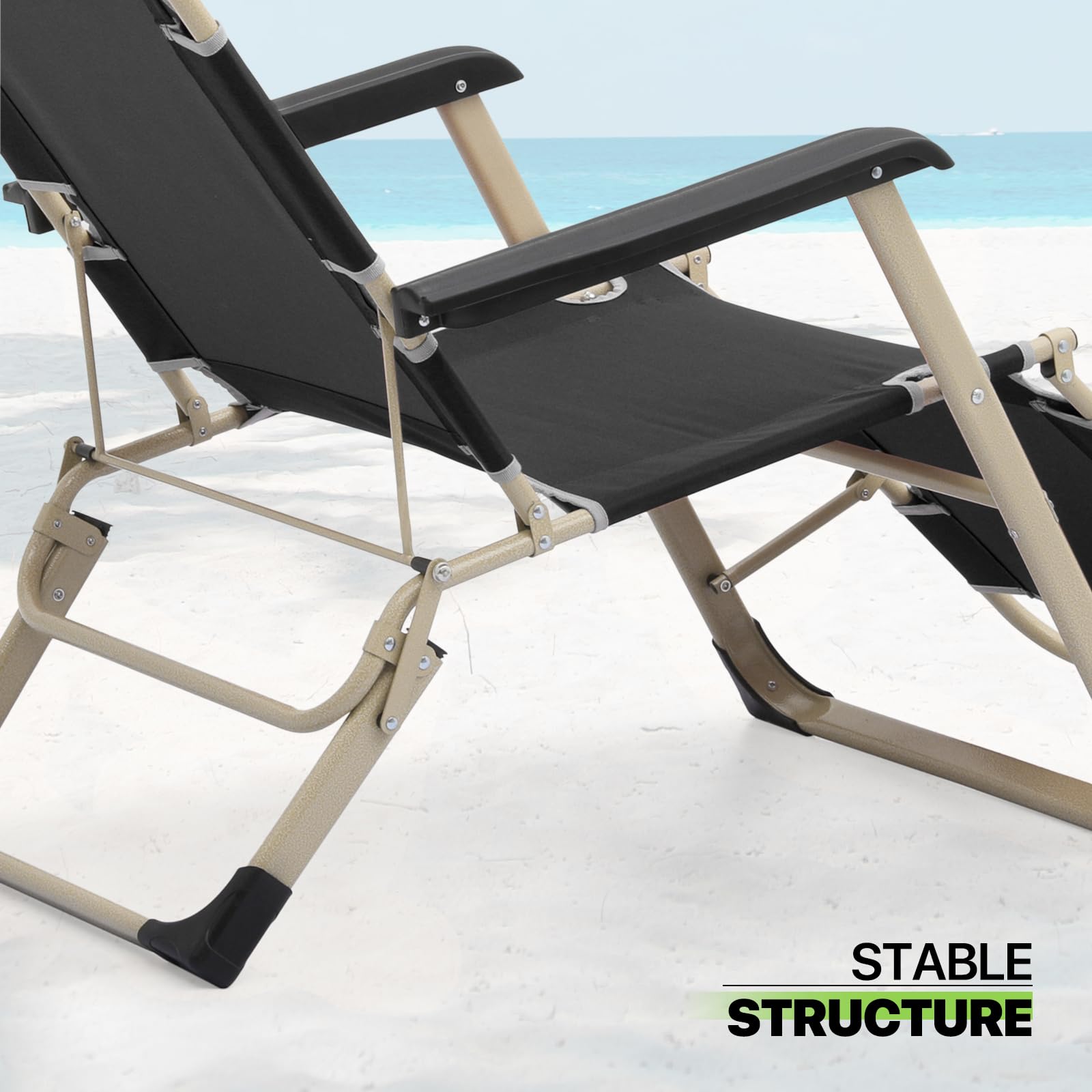 Magshion Patio Folding Lounge Chairs - Portable Outdoor Recliners with Adjustable Headrest & Anti-Slip Feet - 300 lbs Capacity Lawn Chairs for Deck, Beach, Yard, Poolside & Garden Relaxation (Black)