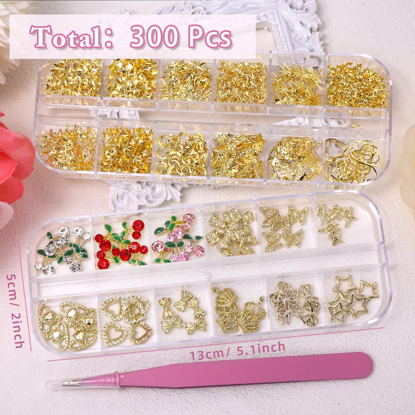 300 Pcs Gold Nail Charms Set - Cherry, Bow, Star, Heart, Cross, Butterfly & Crown Nail Art Studs for DIY Y2K Nail Decor | Perfect for Manicures, Nail Extensions & Festival Nail Designs
