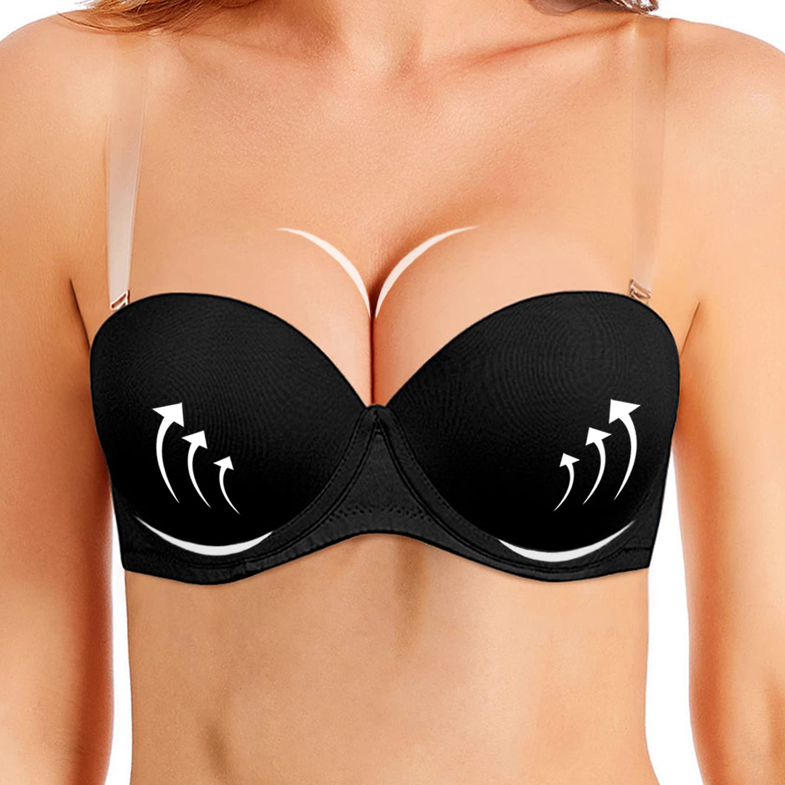 Women's Push Up Strapless Bra - Thick Padded Lift & Support Convertible Bras with Clear Straps | Perfect for Backless Dresses, Formal Wear & Special Occasions