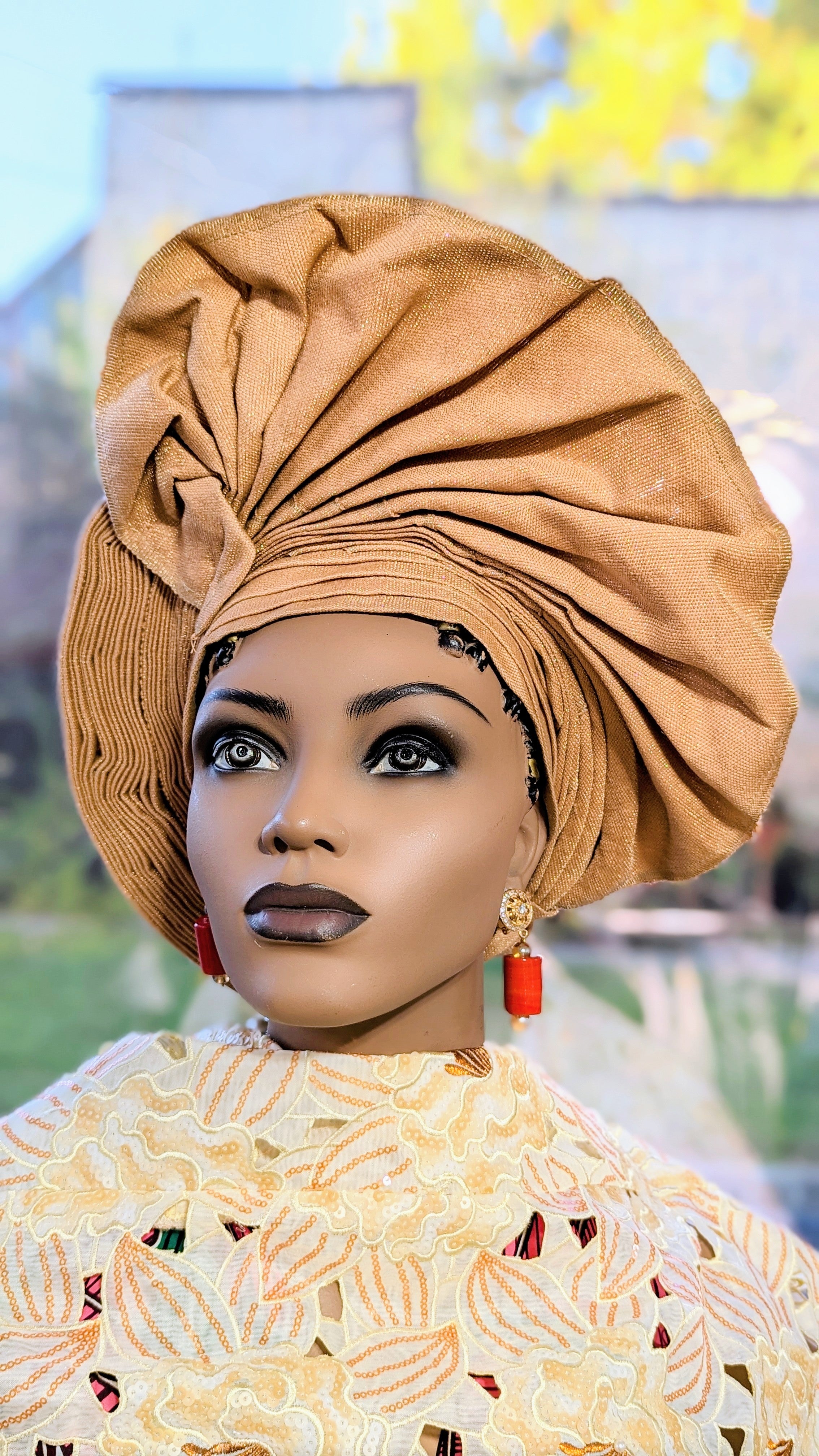 Awela Pastel Brown African Aso Oke Head Tie - Pre-Tied Autogele Head Wrap Hat for Women (DPAPBB34) | Perfect for Weddings, Church & Cultural Events