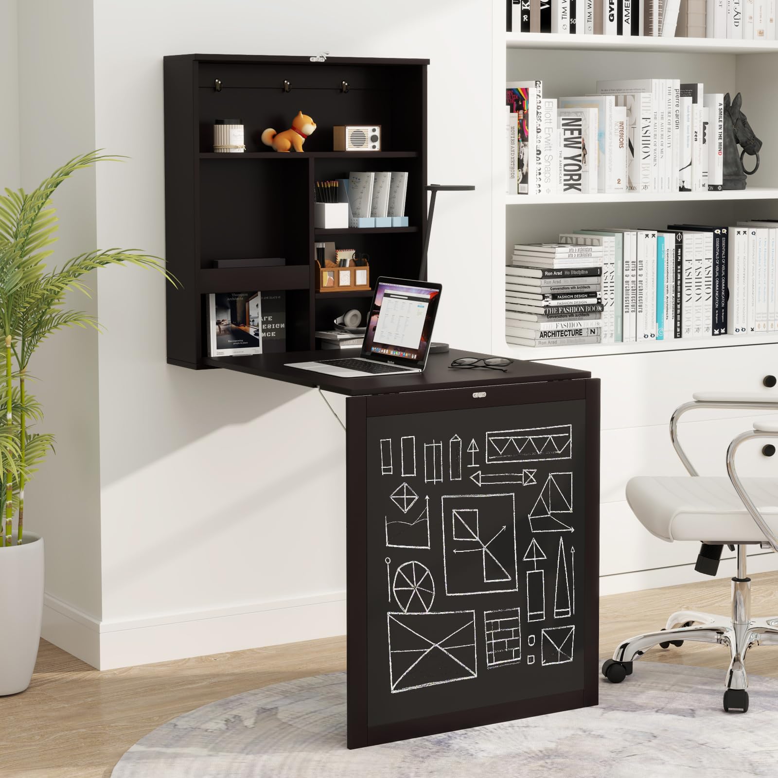 Tangkula Foldable Wall-Mounted Desk with Chalkboard - Space Saving Floating Desk with Storage Shelves & Hooks - Perfect for Home Office, Bedroom, Dorm Room & Small Spaces - Ideal for Remote Work, Study & Crafting