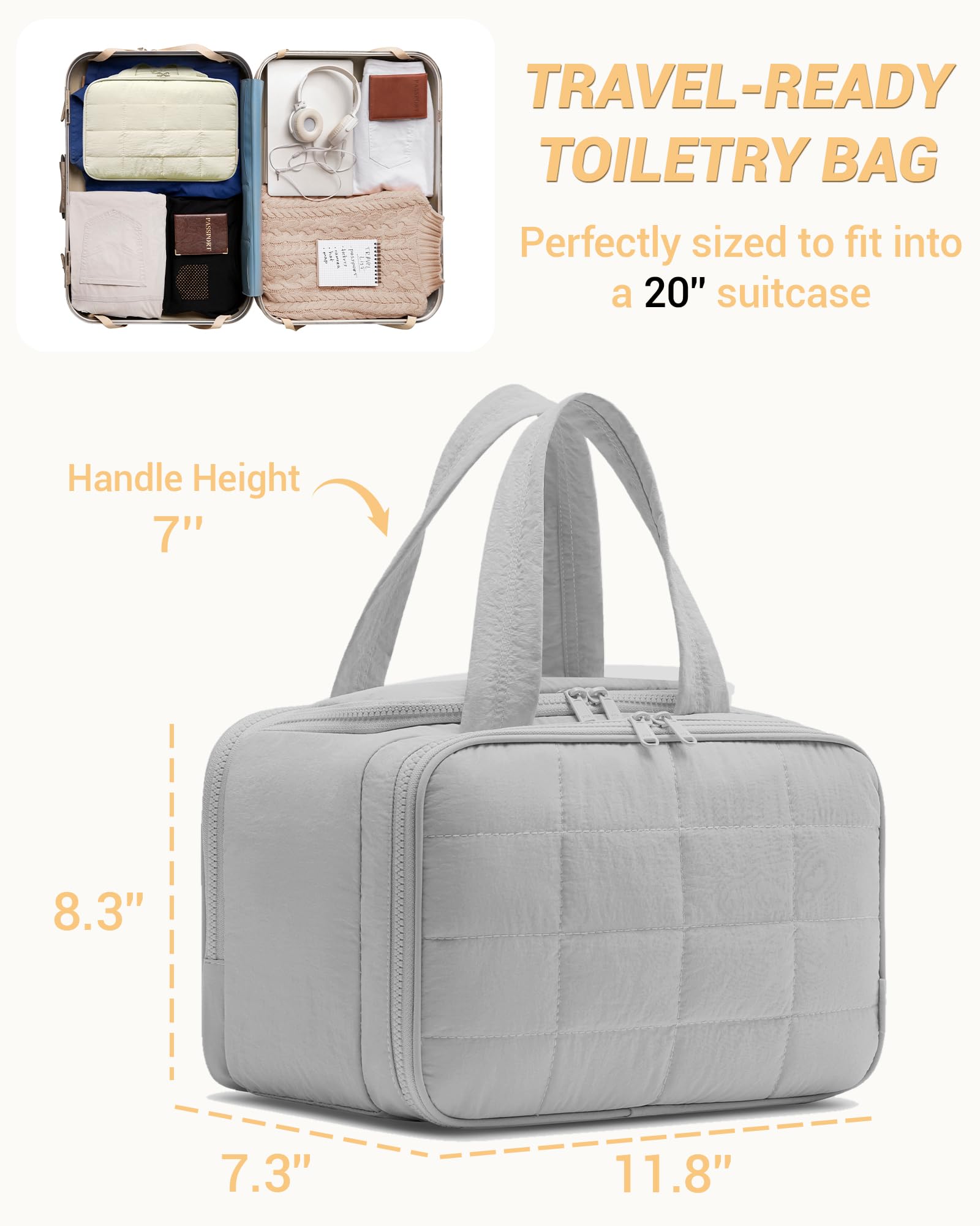 Quilted Travel Toiletry Bag for Women - Lightweight Cosmetic Organizer with Handle for Makeup, Accessories & Essentials | Perfect for Vacation, Gym & Business Trips (Grey)