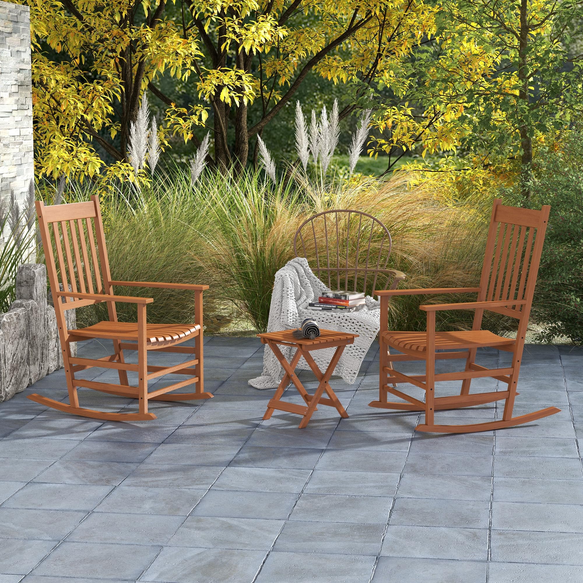 Outsunny Teak Wooden Rocking Chair Set with Foldable Side Table - Outdoor Rocker Chairs with Curved Armrests, High Back & Slatted Seat - Supports 352 lbs - Perfect for Garden, Balcony, Porch, Patio & Backyard Relaxation