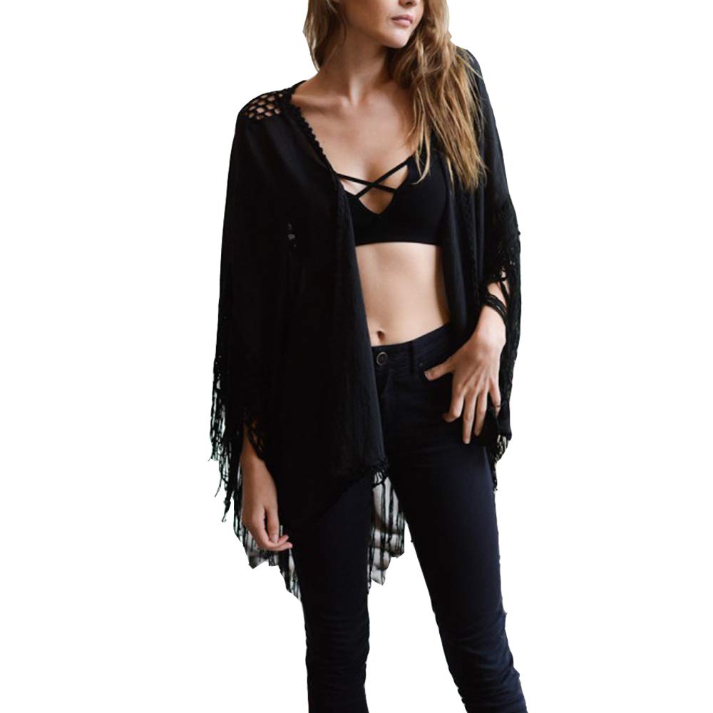 Women's Floral Crochet Lace Beach Cover Up - Boho Kimono Cardigan with Medallion Tassel Details | Perfect for Poolside, Vacation & Summer Outfits