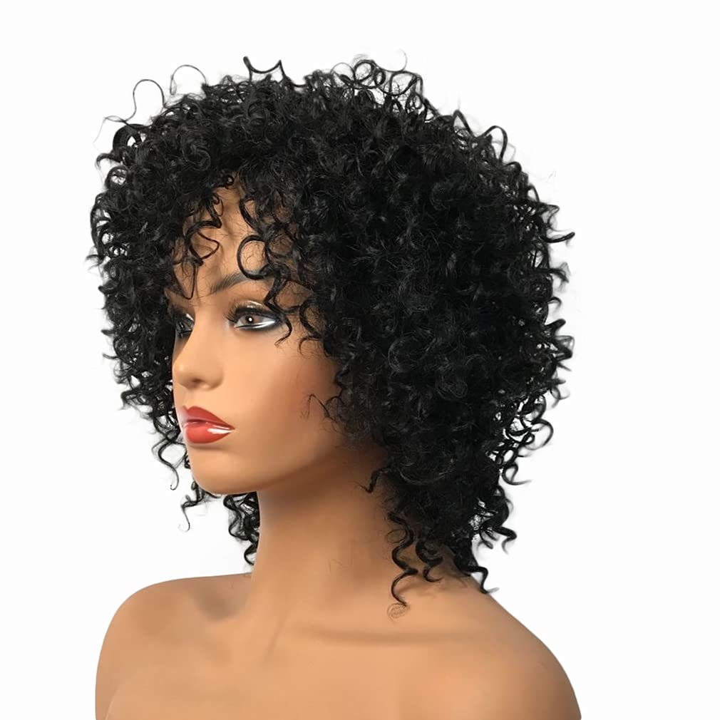 Natural Black Short Curly Wig for Women with Bangs - Soft Fluffy Synthetic Hairpiece in Cream Gold & Light Brown Blend | Perfect for Cosplay, Daily Wear & Costume Parties