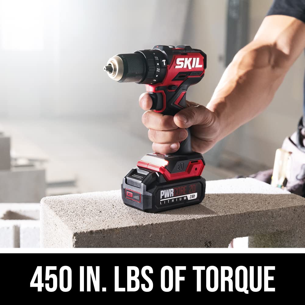 Skil PWR CORE 20 Brushless 20V 1/2 in. Cordless Hammer Drill Kit with 3-in-1 Function, 2.0Ah Battery & Fast Charger - Perfect for DIY Projects, Home Repairs and Construction Work