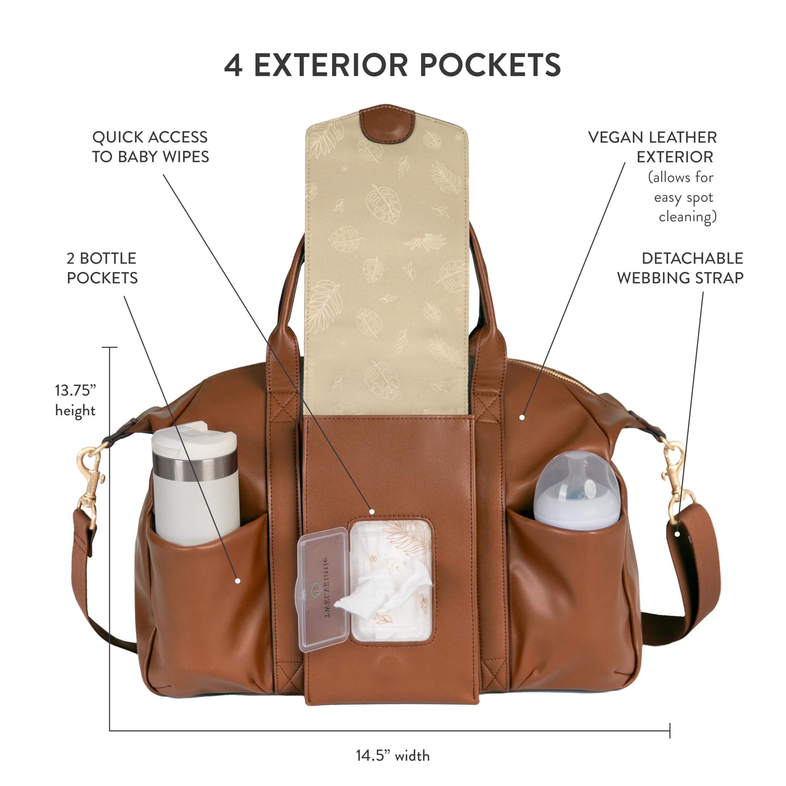 TWELVElittle Peek A Boo Vegan Leather Diaper Bag - Stylish Baby Bag with Wipes Pouch, Stroller Clips & Changing Mat | Perfect for Moms, Travel & On-the-Go Parenting