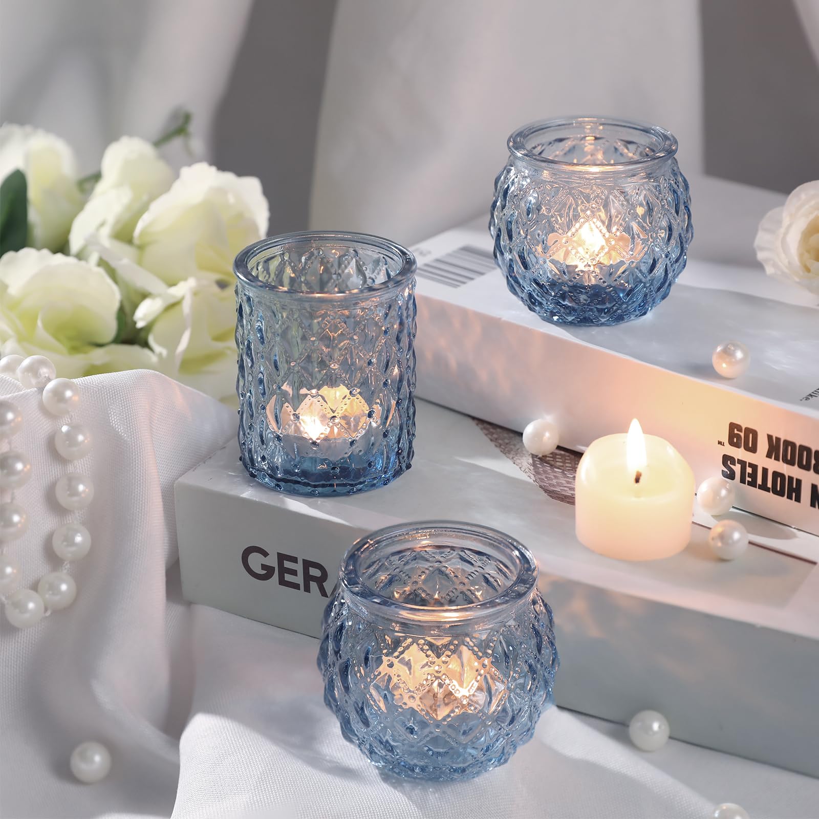 36-Piece Blue Glass Votive Candle Holders Set - Round Tea Light Holders Bulk for Wedding, Party & Home Decor - Perfect for Centerpieces, Table Settings, Romantic Ambiance & Gift Giving